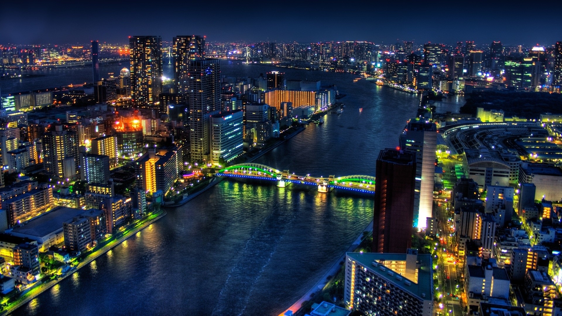 Fiume Sumida, Tokyo, Giappone, Notte, Vista aerea, Full HD, wallpaper per computer