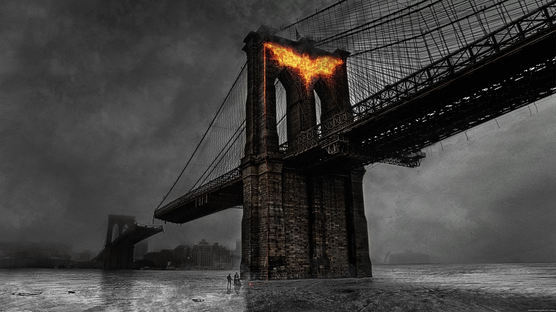 Ponte di Brooklyn, Bat-segnale, Batman, Nebbia, 1920x1080, sfondo per PC