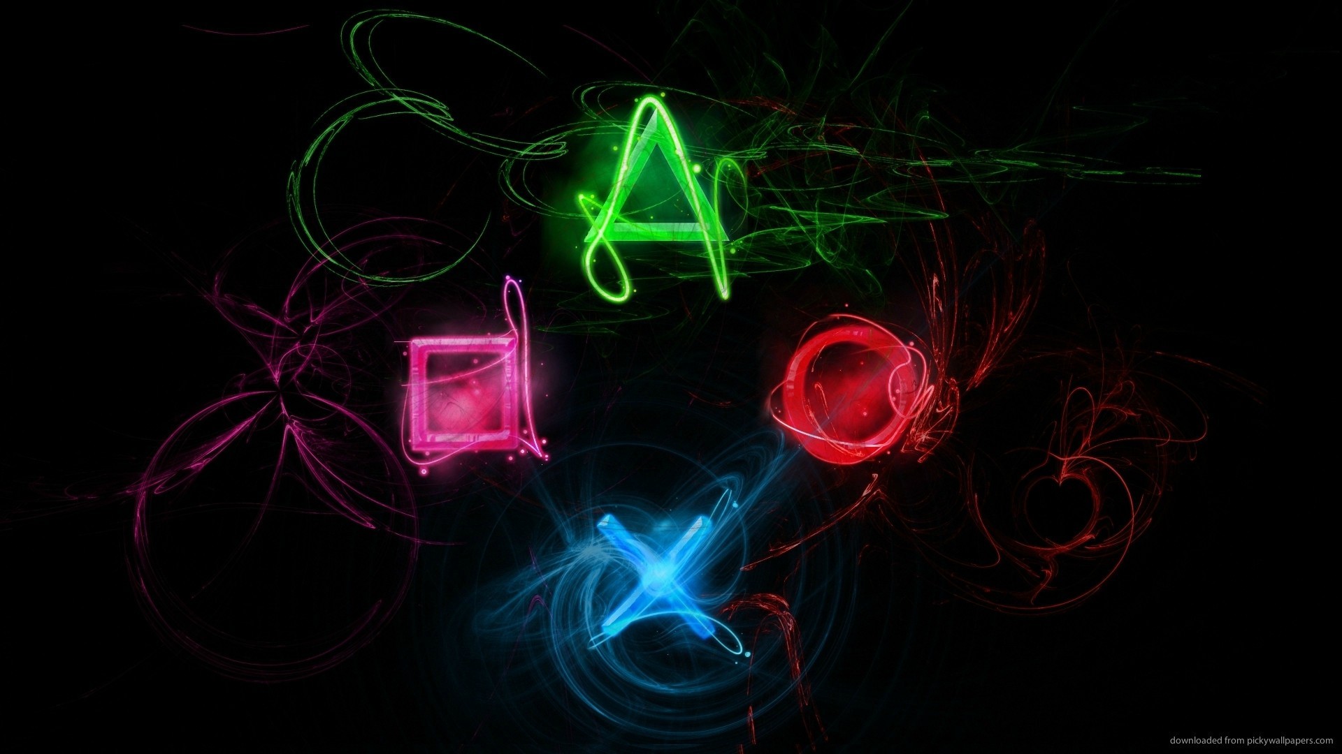 Simboli PlayStation, Neon, Sfondo nero, Full HD, wallpaper per PC