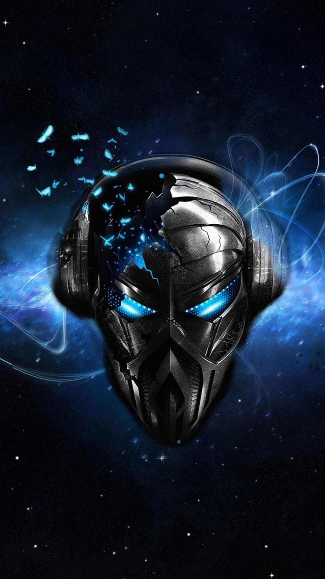 Maschera robotica, Cuffie, Blu, Sfondo nero, schermata Home Android
