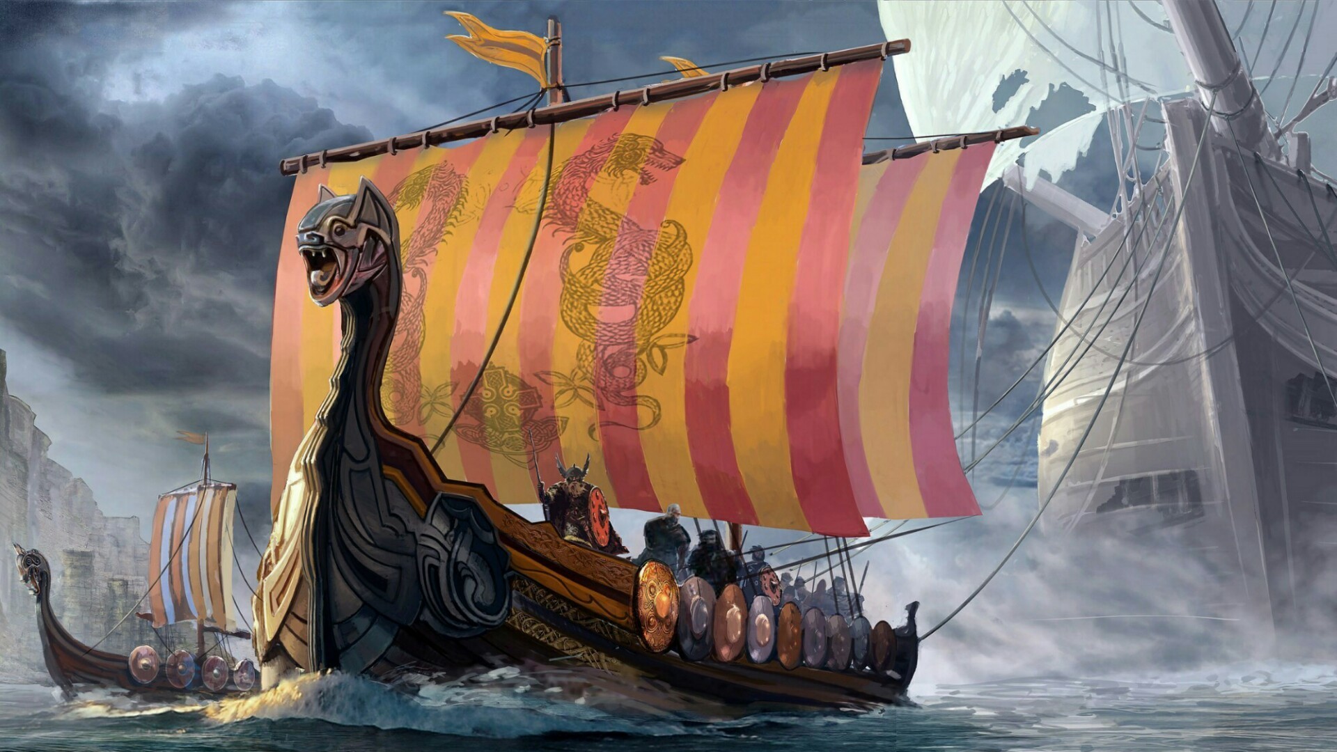 Drakkar, Vele a righe, Flotta, Mare, Full HD, sfondo desktop