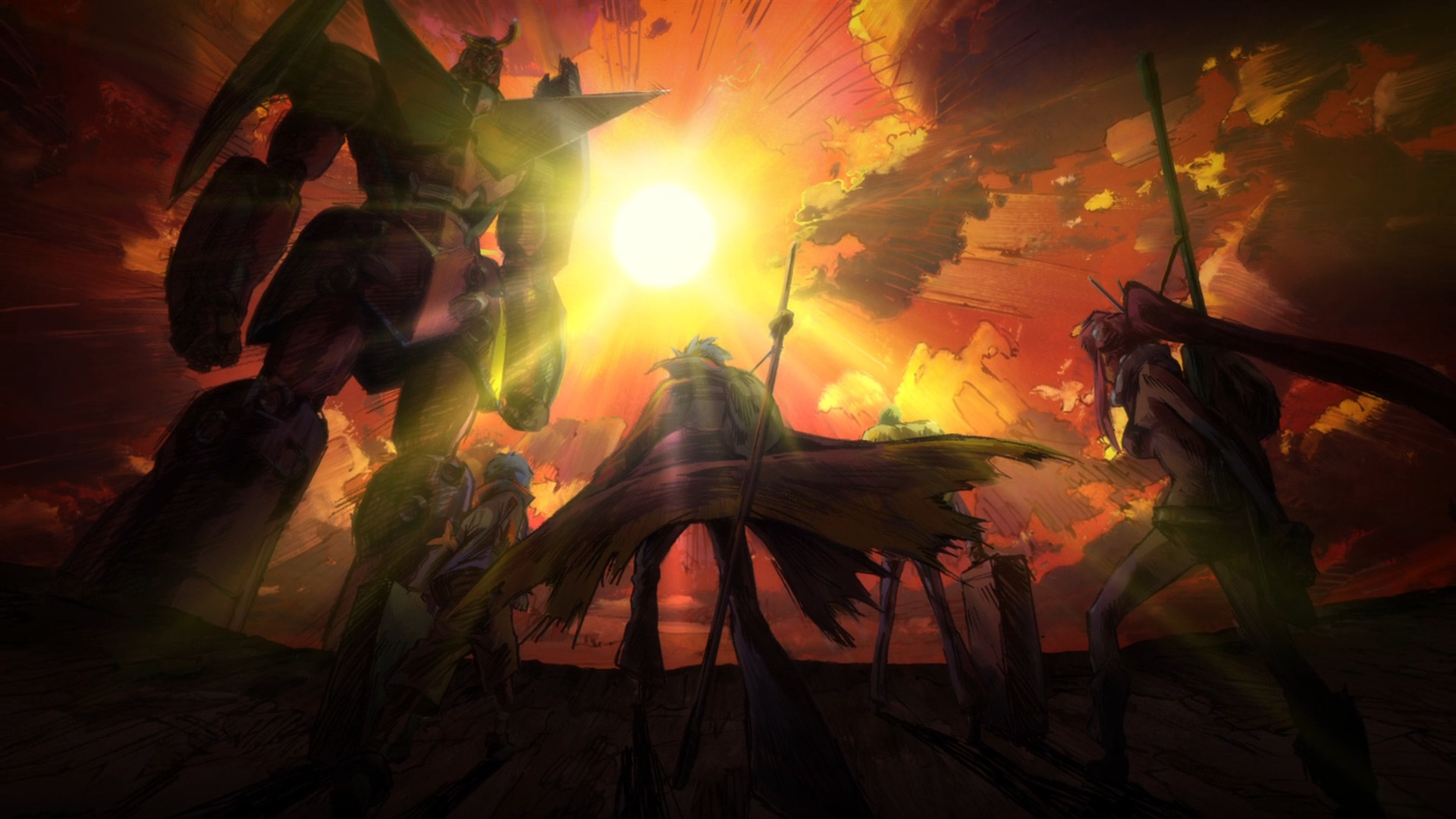 Gurren Lagann, Mecha, Tramonto, Controluce, Full HD, sfondo Windows 11