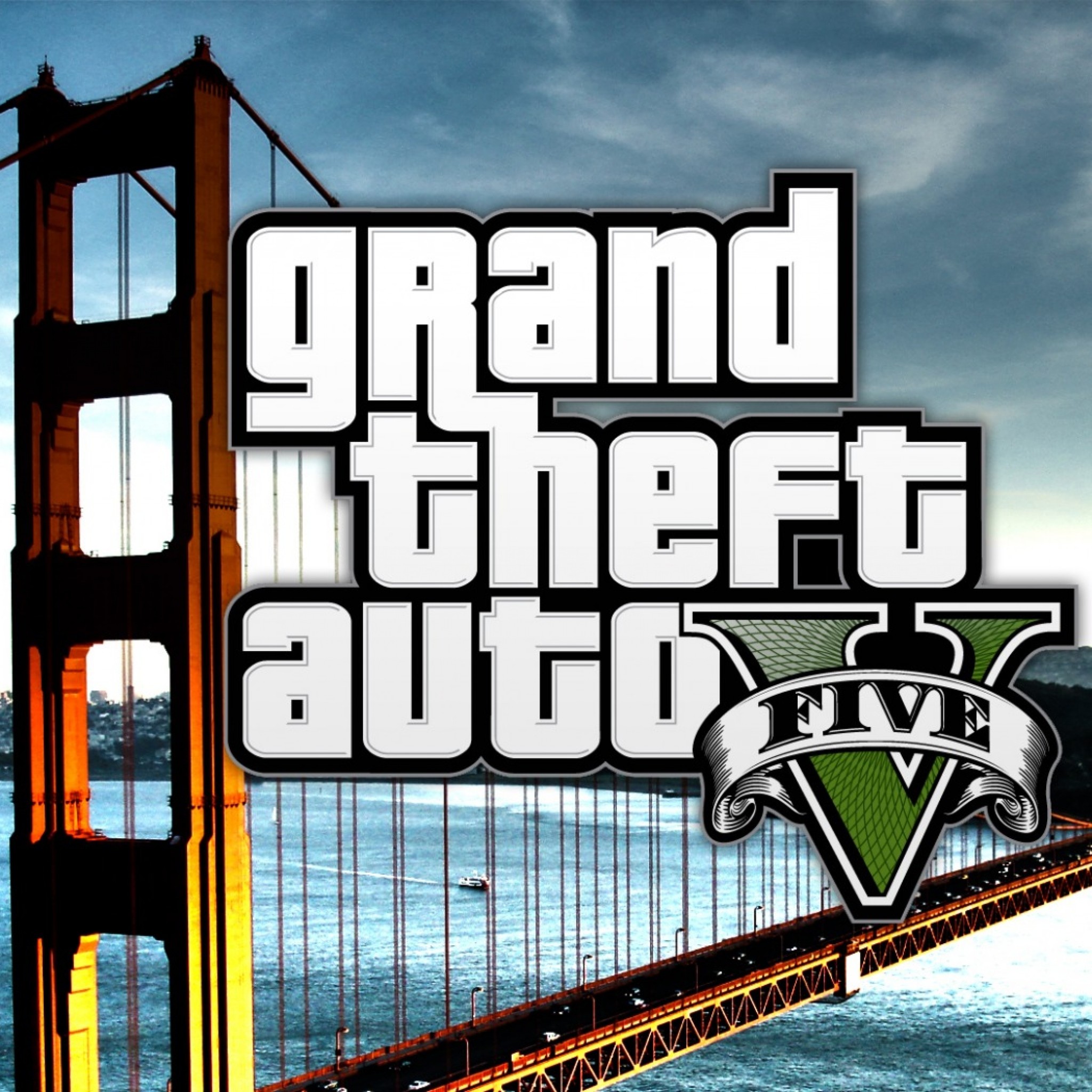Logo GTA V, Grand Theft Auto V, Ponte sospeso, Sfondo bianco, Full HD, schermata di blocco iPad