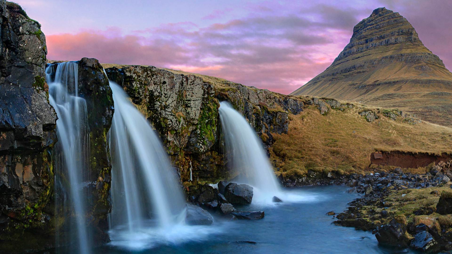 Kirkjufell, Kirkjufellsfoss, Islanda, Cascata, Crepuscolo, Full HD, sfondo per portatile