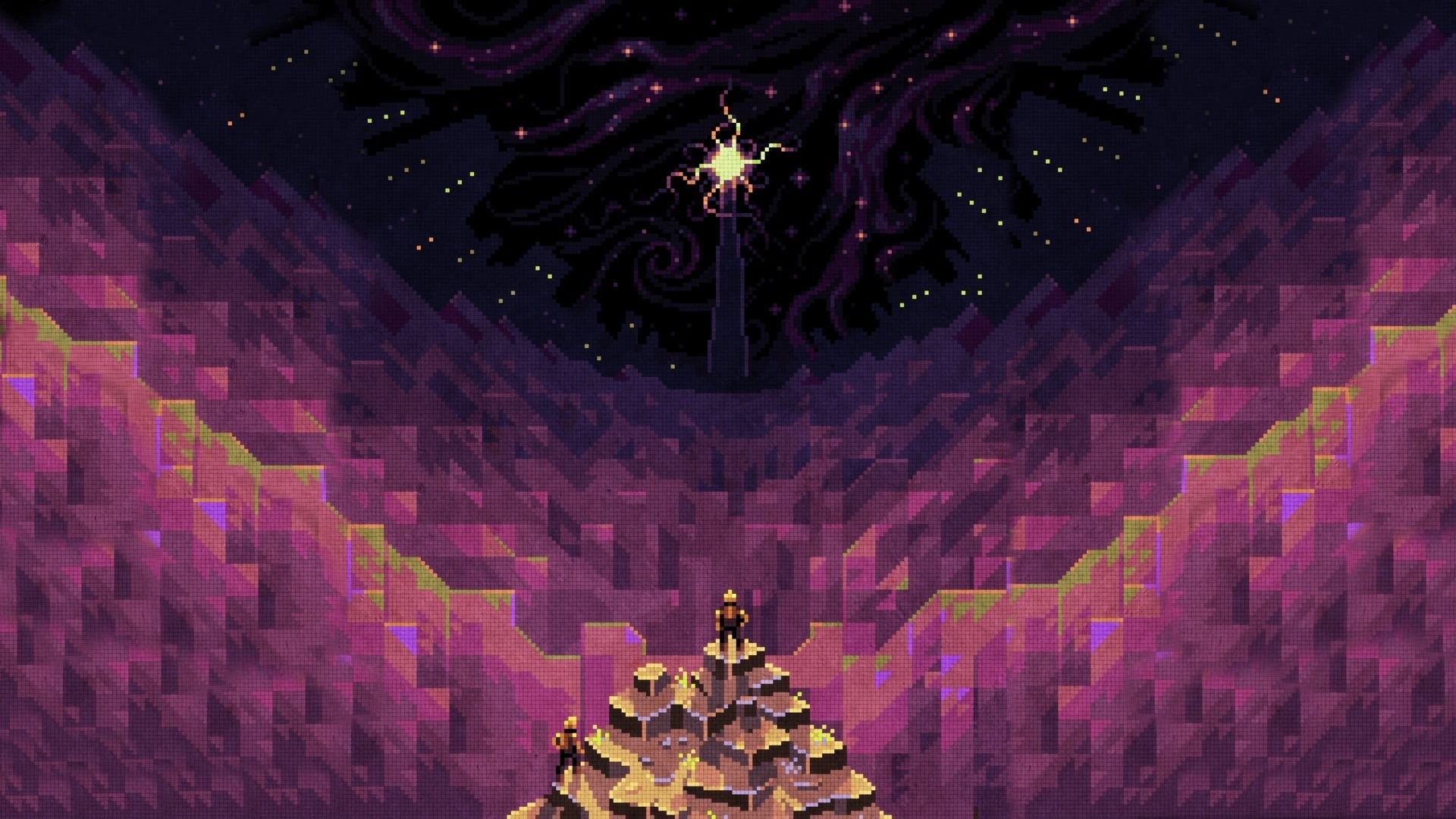 Pixel art, Cielo stellato, Montagna, Toni viola, Full HD, sfondo desktop