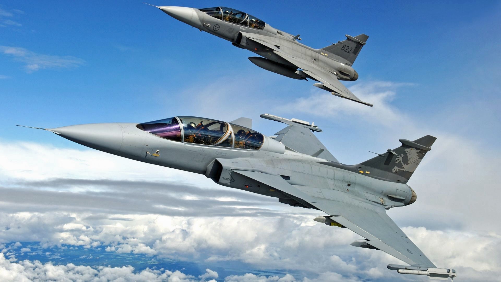 Saab JAS 39 Gripen, Caccia, Nuvole, Formazione, 1920x1080, immagine di sfondo