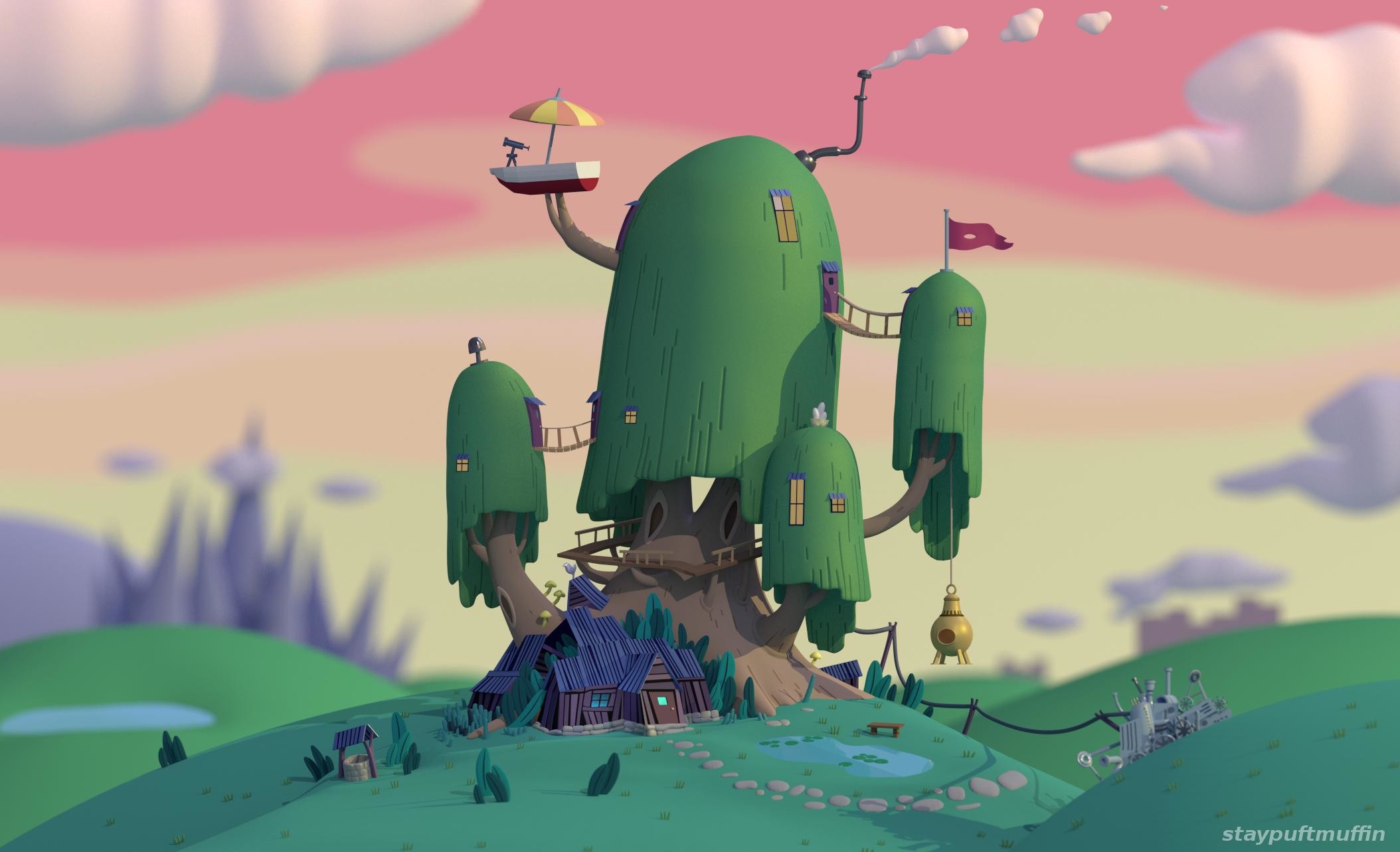 Casa sull'albero, Adventure Time, Terra di Ooo, Cielo rosa, Full HD, wallpaper per portatile