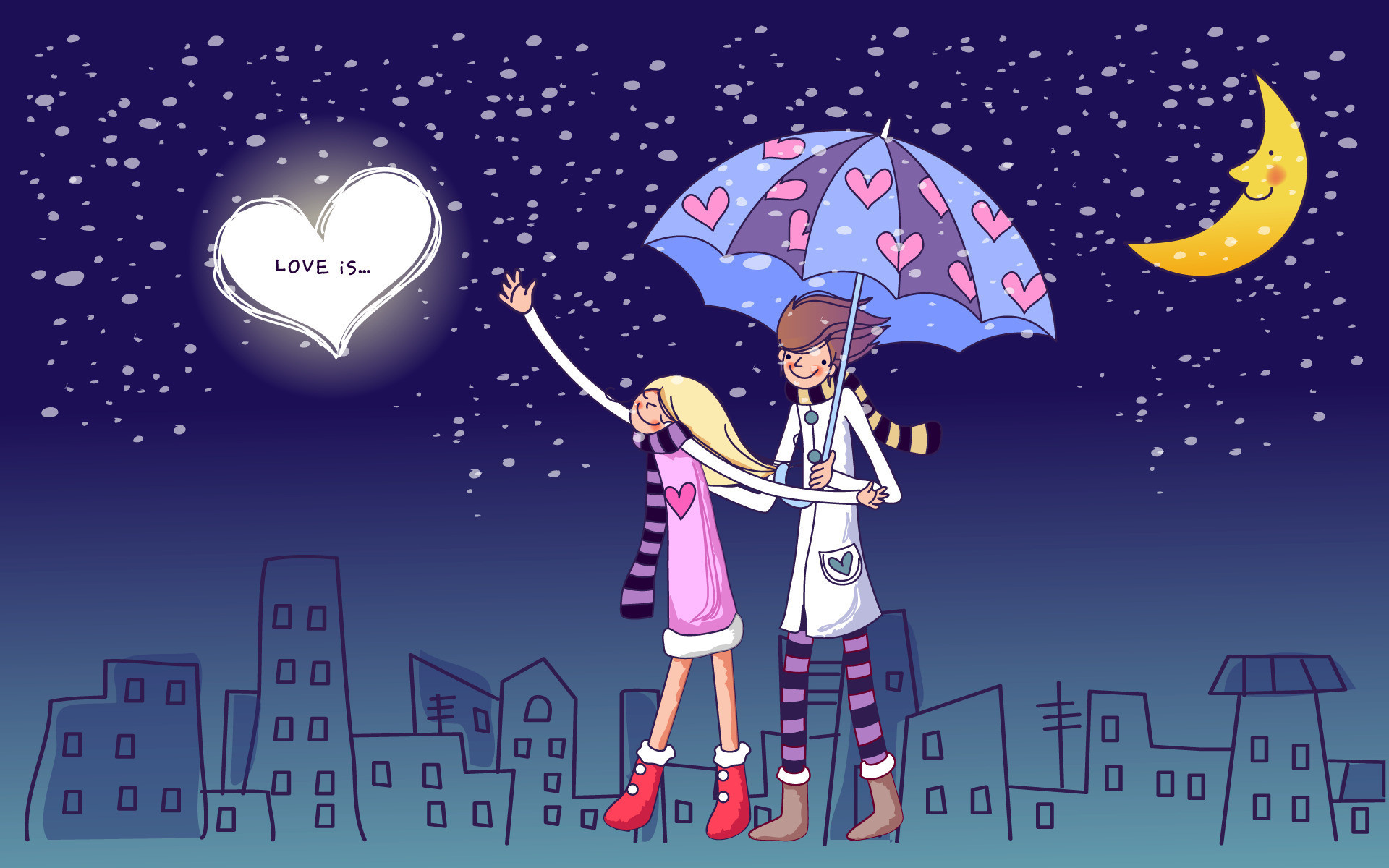 Coppia, Ombrello, Love is..., Illustrazione, Notte stellata, sfondo desktop PC
