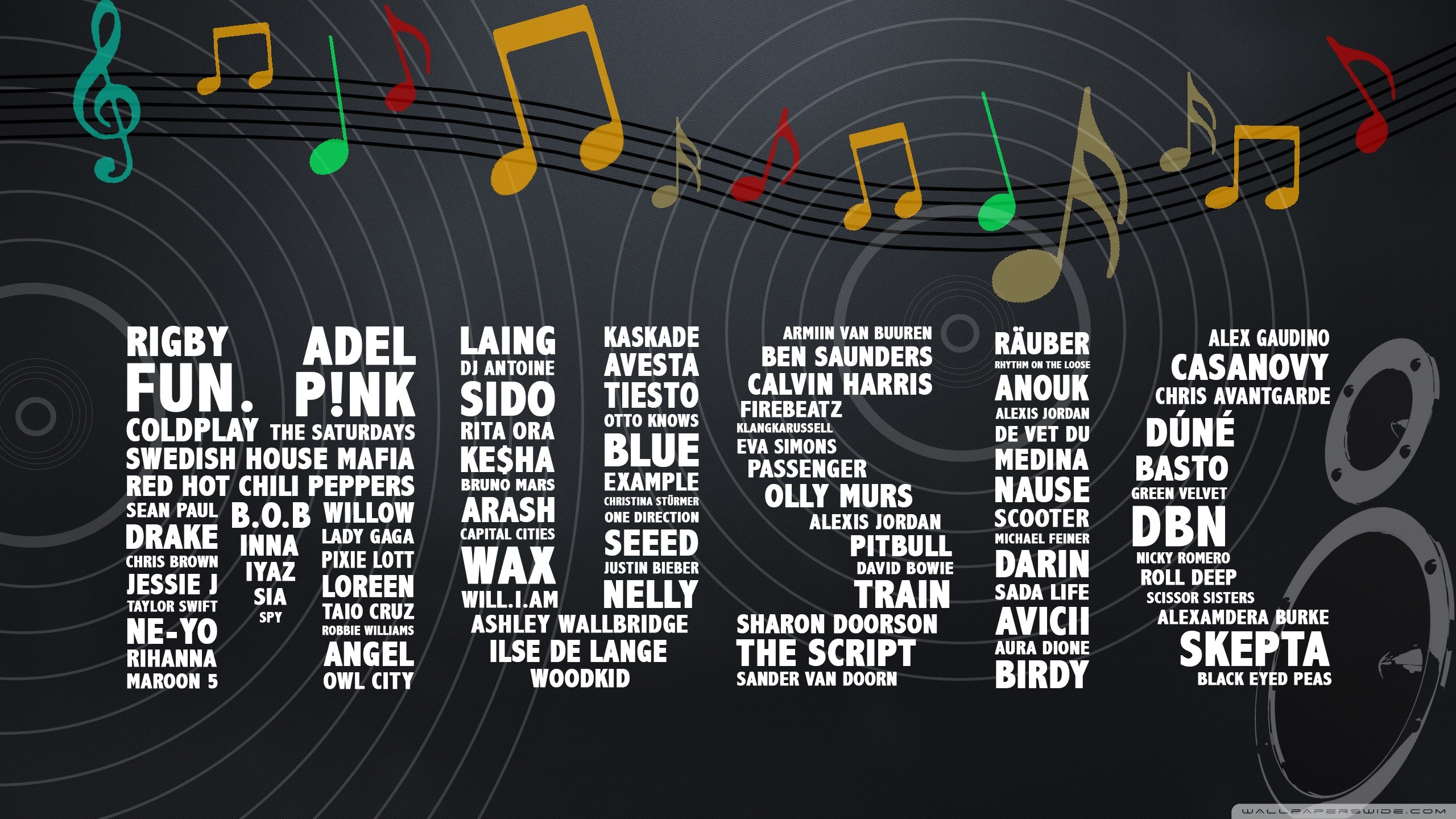 Rigby, Adel, P!nk, Drake, Avicii, Note musicali, Tipografia, 2K, sfondo per PC