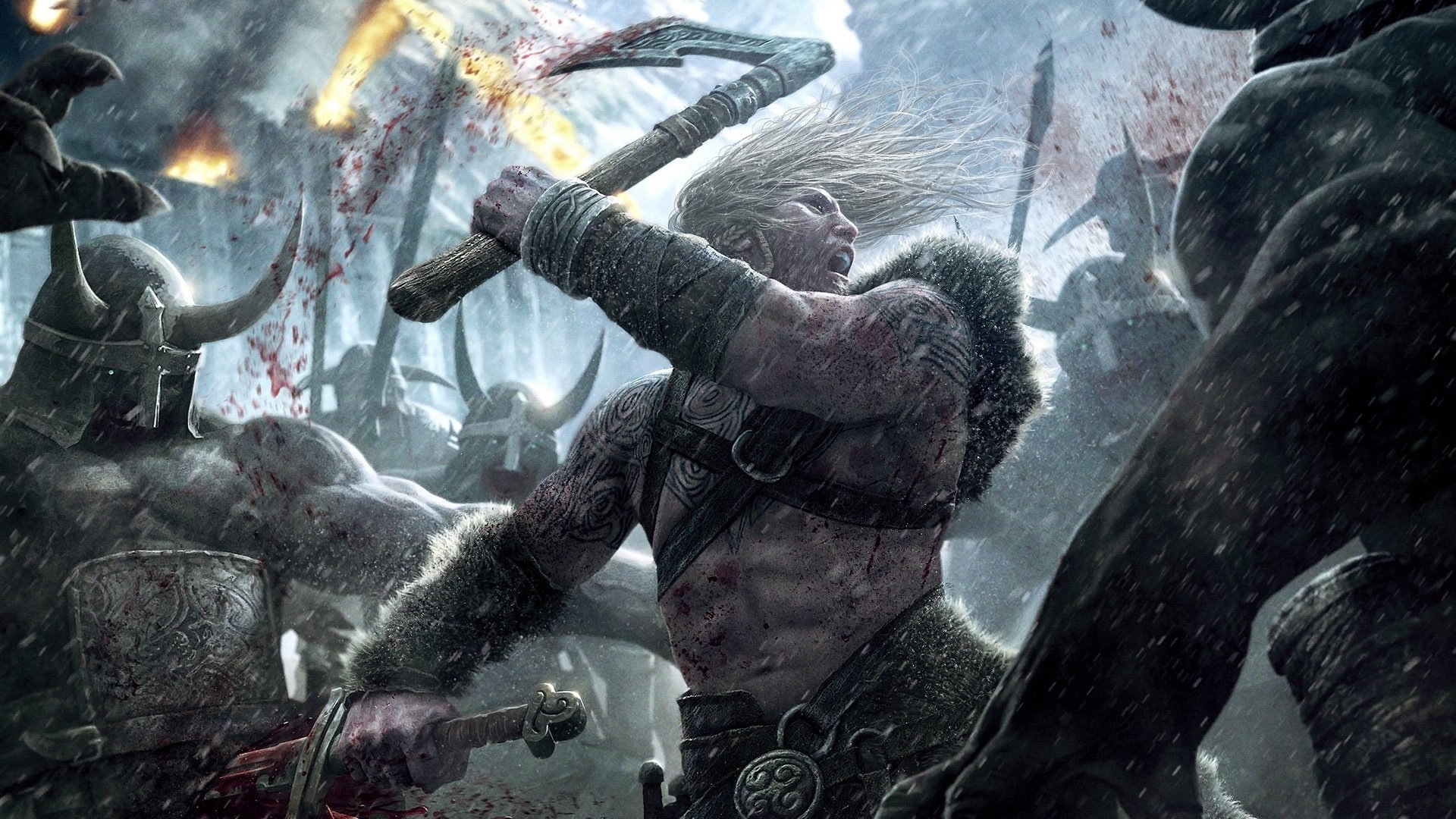 Guerriero vichingo, Battaglia, Ascia, Arte fantasy, 16:9 Full HD, wallpaper widescreen