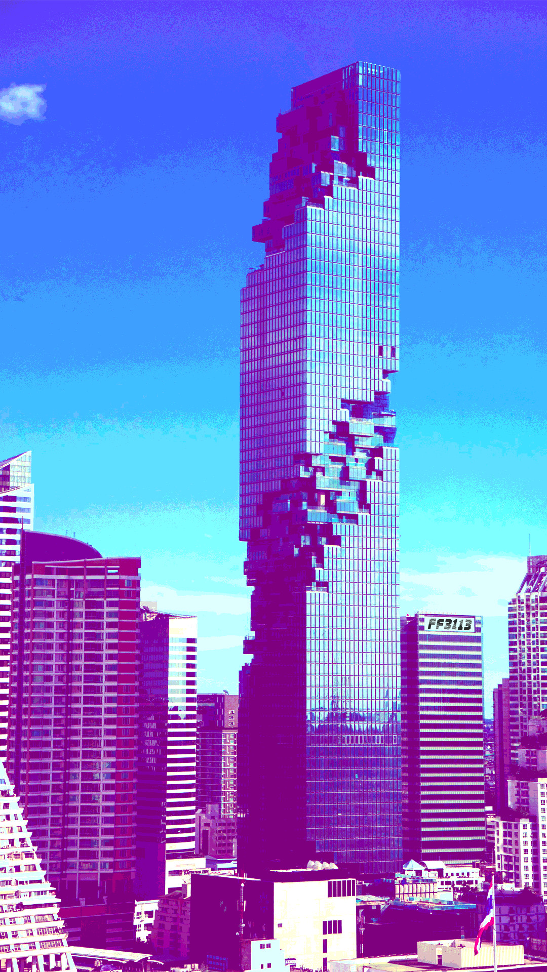 Grattacielo, Pixel, Vaporwave, Viola, Città, Full HD, schermata di blocco del cellulare