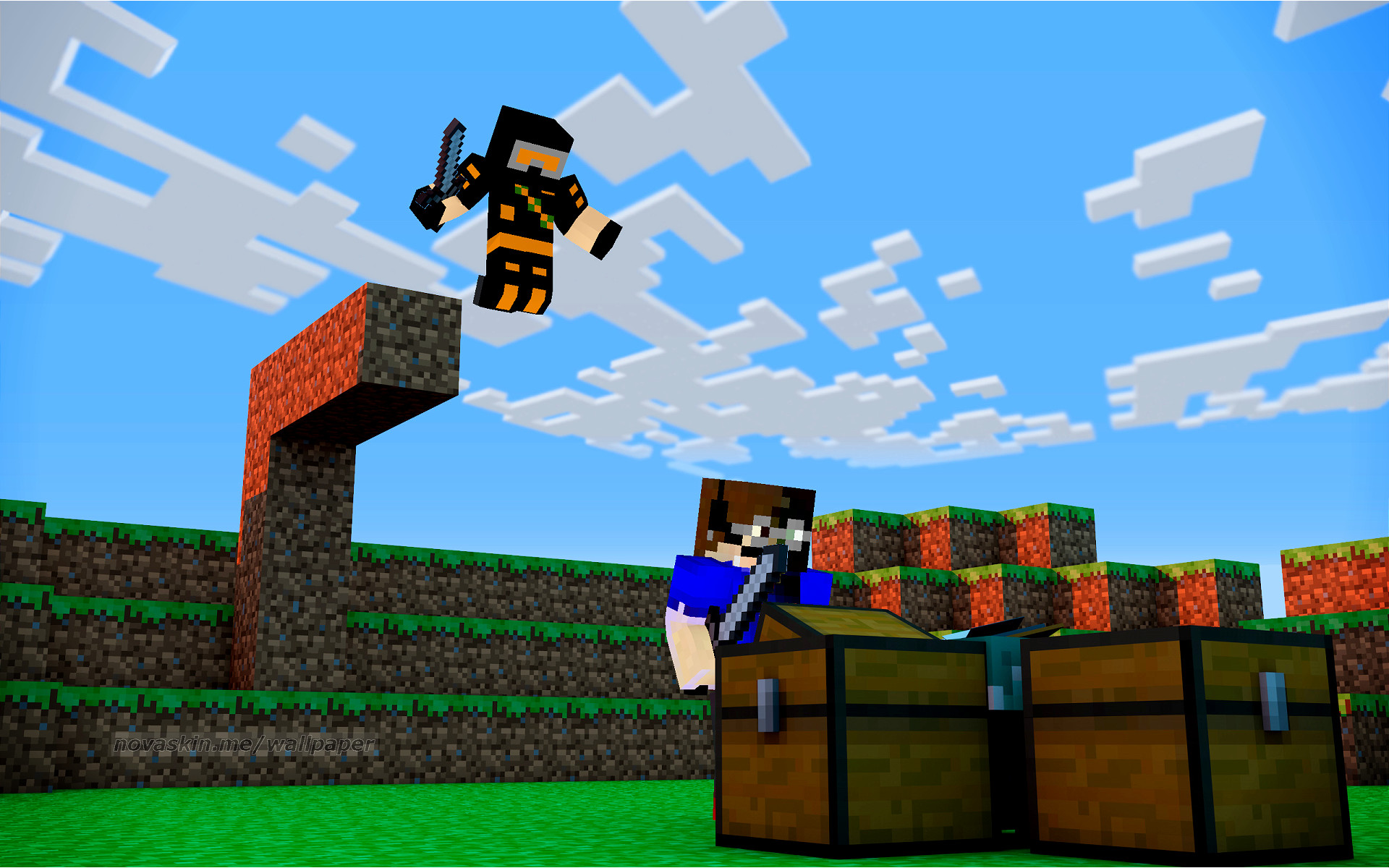 Minecraft, Novaskin, Bauli, Cielo azzurro, Full HD, wallpaper per computer