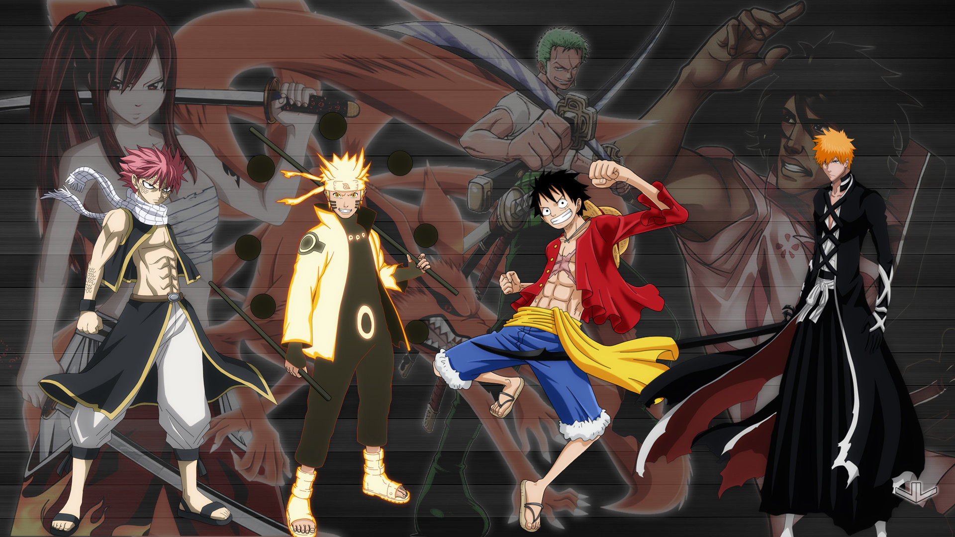 Monkey D. Luffy, Naruto Uzumaki, Ichigo Kurosaki, Natsu Dragneel, Roronoa Zoro, Crossover, Anime, sfondo 1080p
