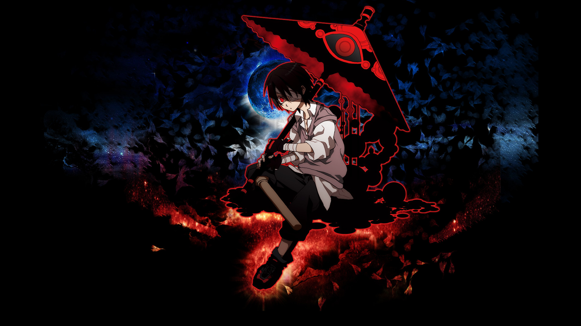 Ragazzo anime, Ombrello rosso, Sfondo nero, Fiamme, 1920x1080, wallpaper desktop