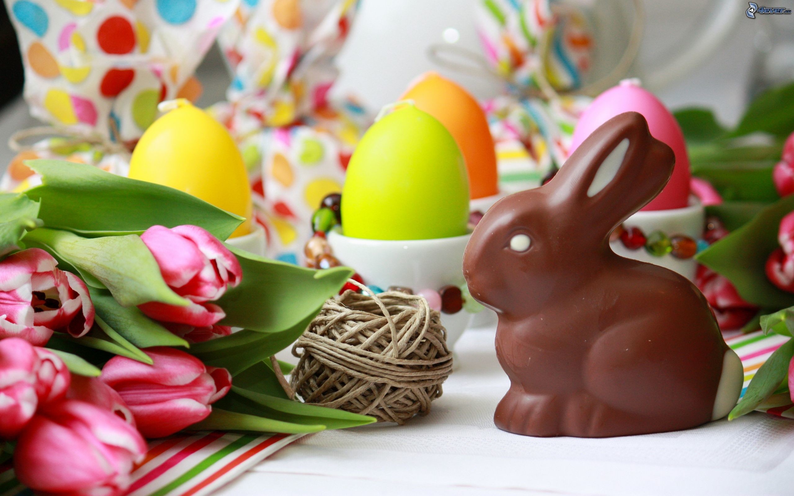Coniglio di cioccolato, Uova di Pasqua, Tulipani, 2560x1600, sfondo per PC