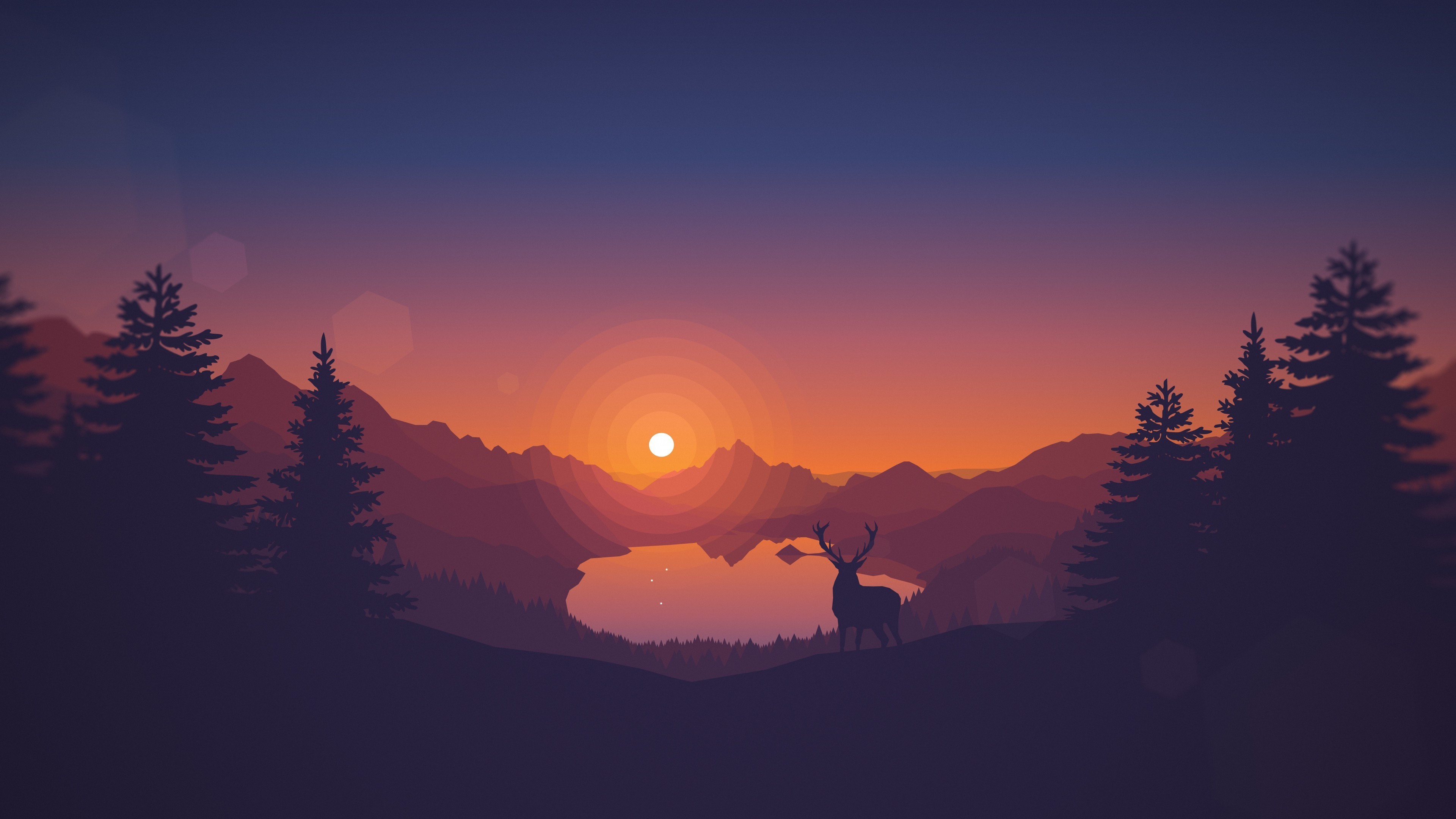 Firewatch, Cervo, Lago, Tramonto, Pini, 16:9 4K, sfondo widescreen