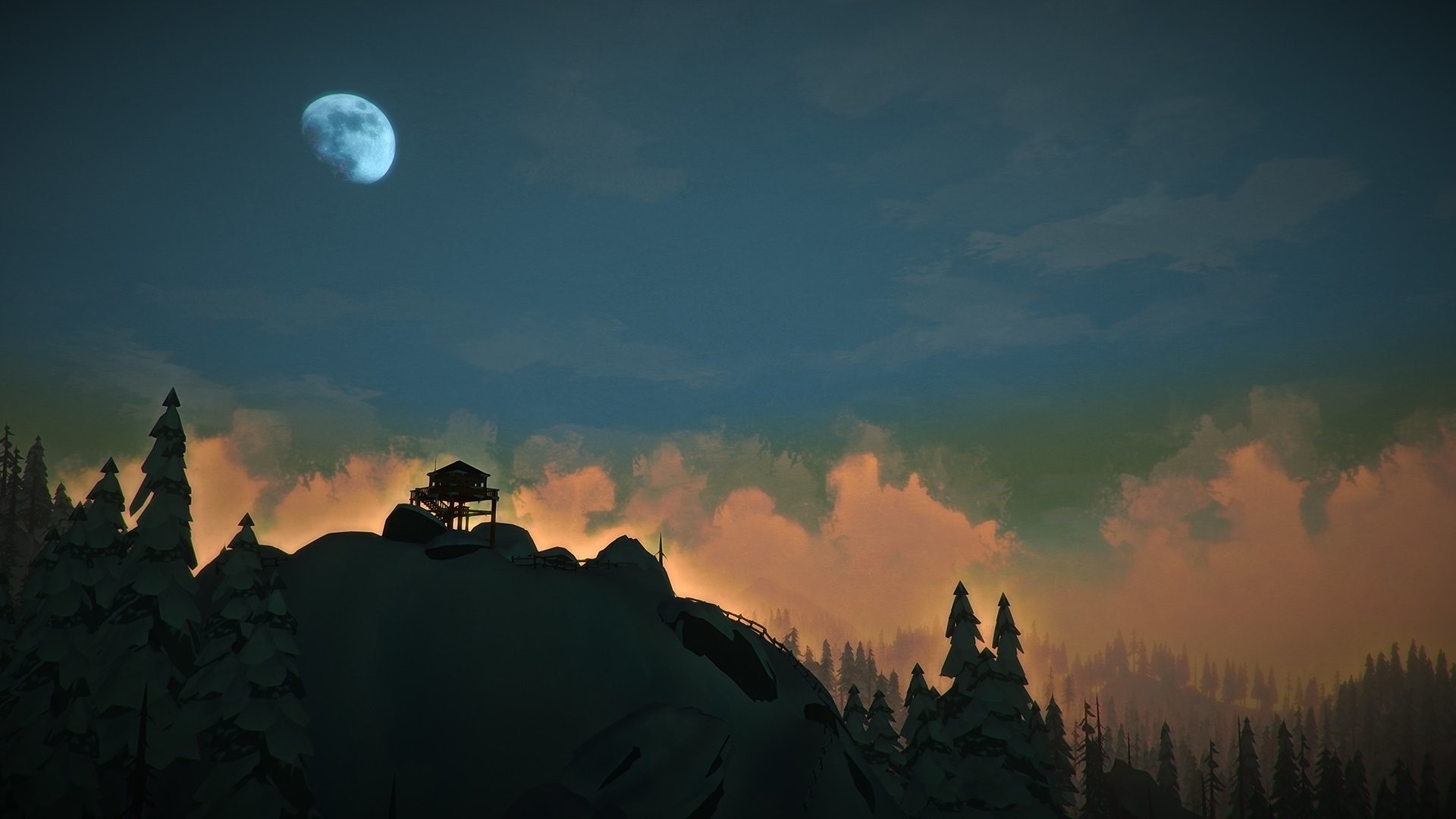 Firewatch, Videogioco, Torre di avvistamento, Luna, Tramonto, Full HD 1080p, sfondo desktop