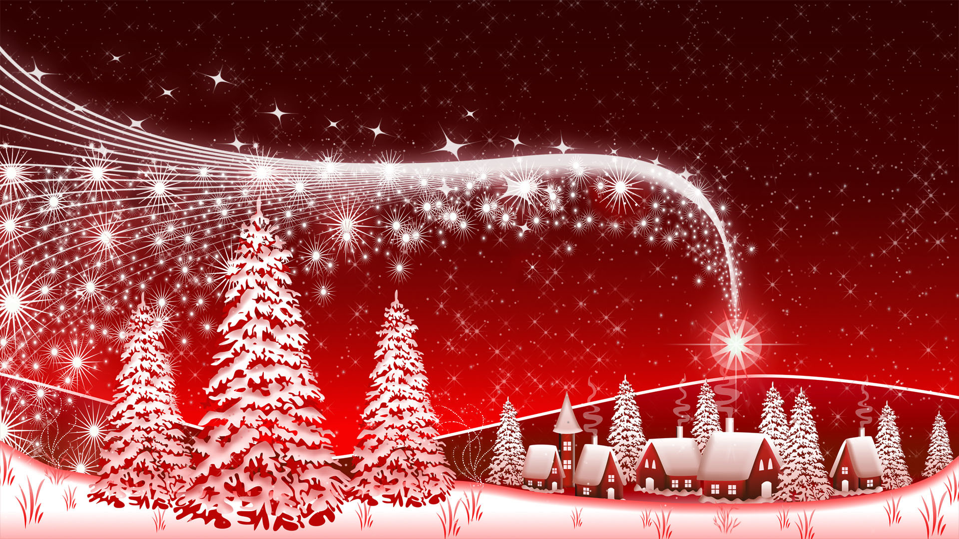 Abeti stilizzati, Villaggio, Scia luminosa, Rosso, Natale, Full HD, sfondo per PC