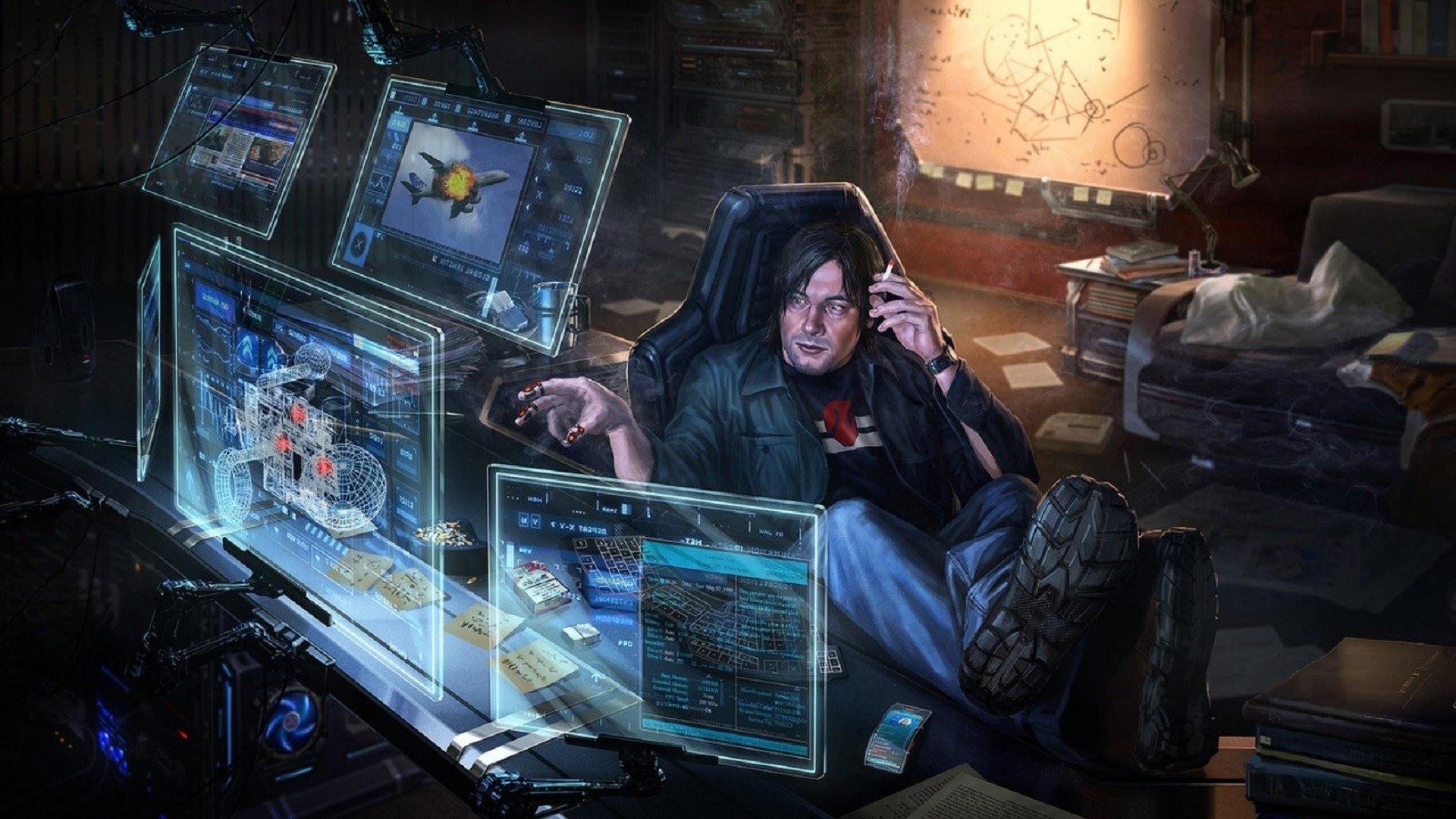 Hacker, Schermi olografici, Cyberpunk, Stanza buia, 16:9 Full HD, sfondo widescreen