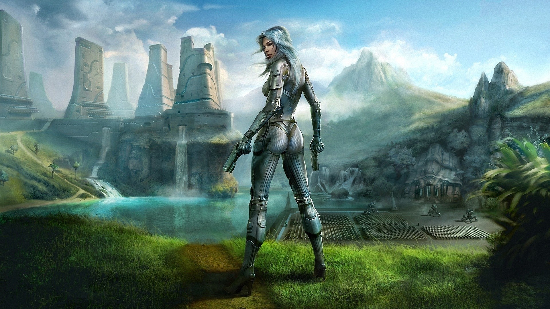 Donna guerriera, Armatura futuristica, Paesaggio fantasy, Cascata, Fantascienza, sfondo desktop