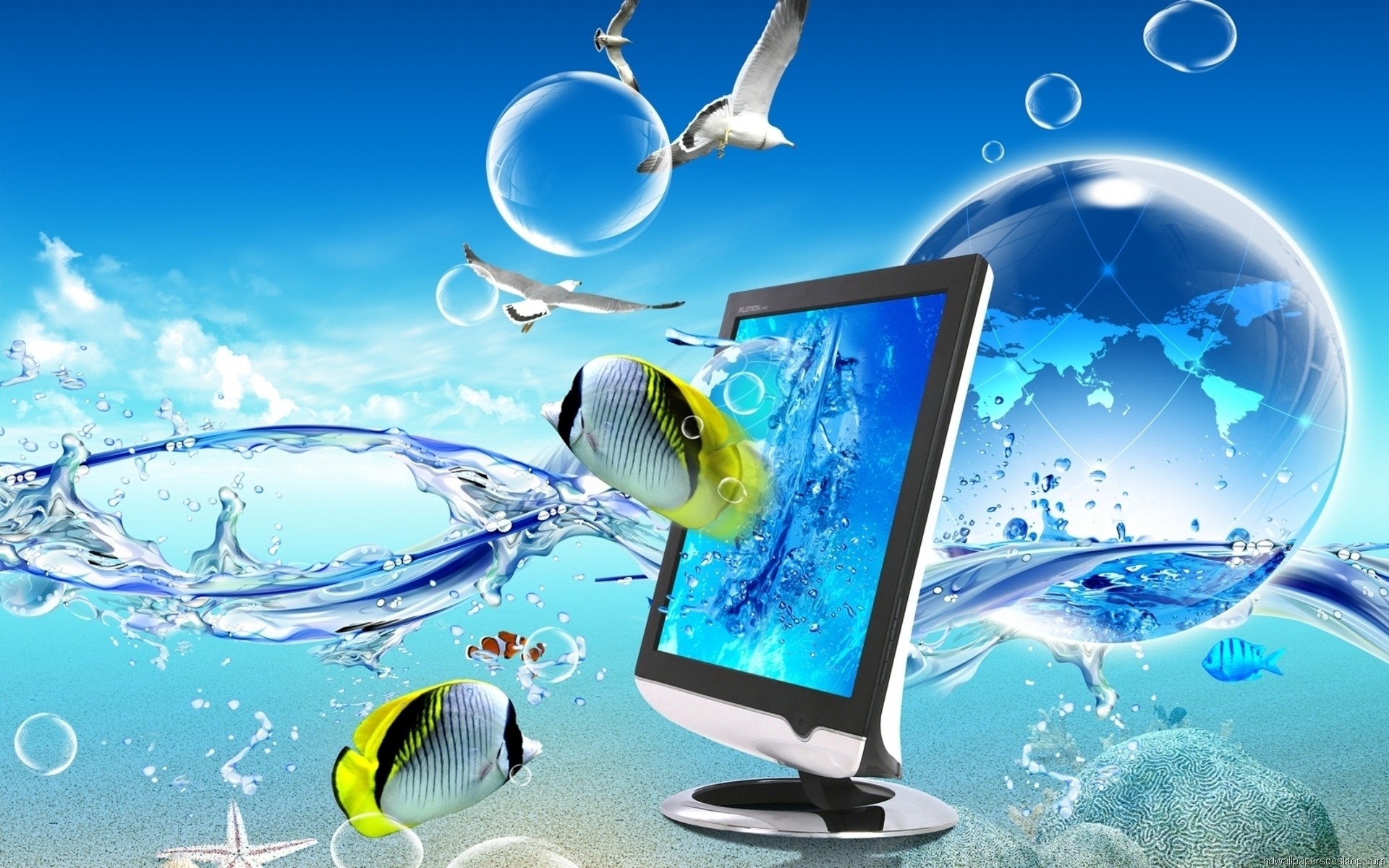 Monitor, Pesci tropicali, Acqua, Gabbiani, Bolle, Arte digitale, sfondo PC Full HD