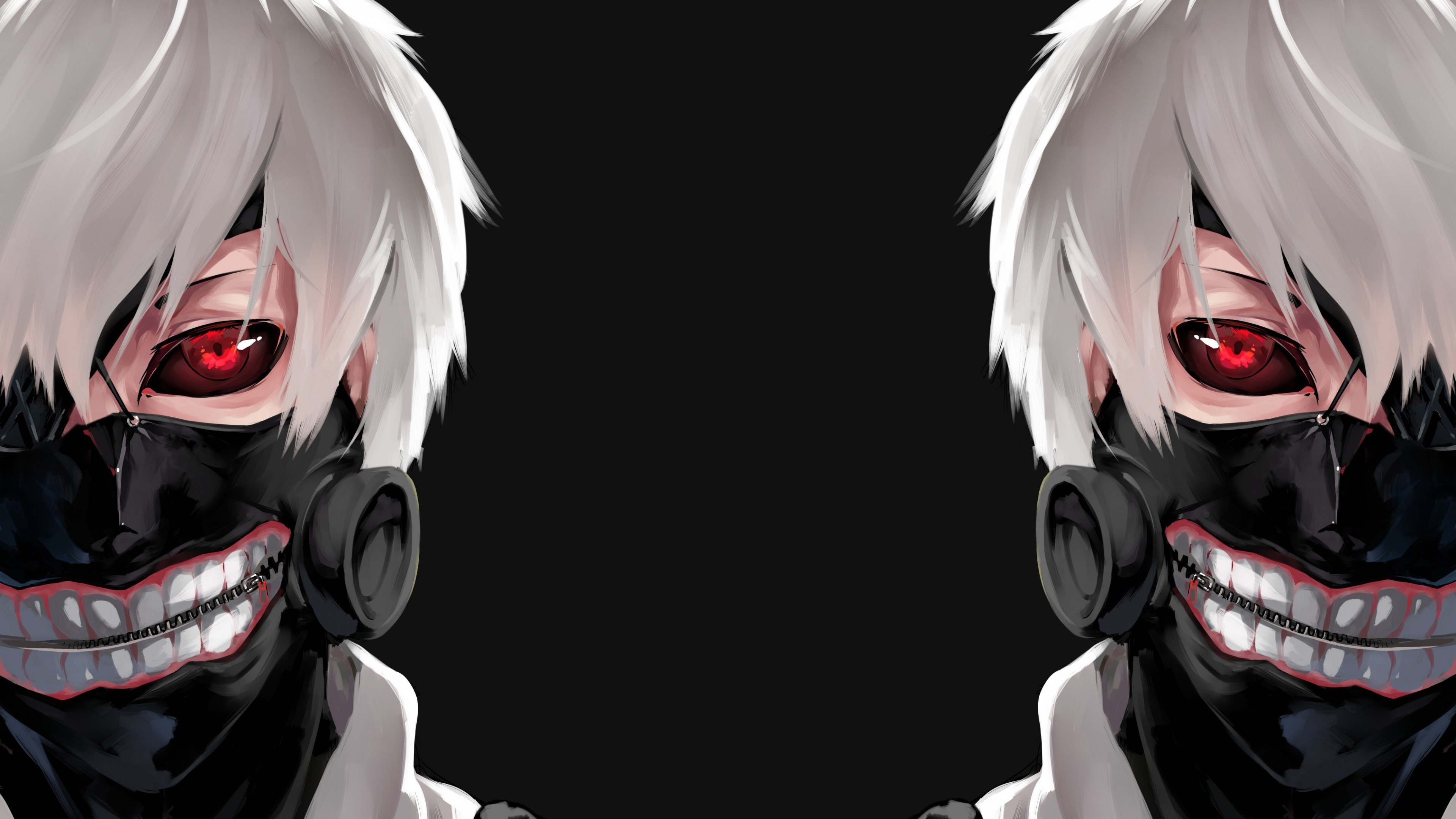 Ken Kaneki, Tokyo Ghoul, Maschera, Occhio rosso, Doppio ritratto, sfondo desktop 2160p