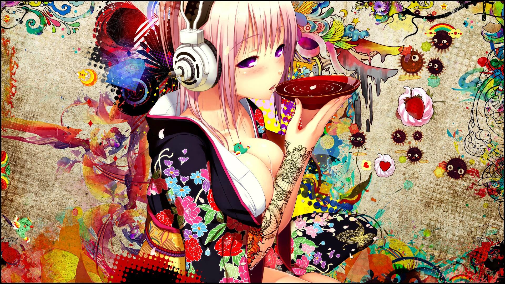 Ragazza anime, Cuffie, Kimono, Colorato, Pop art, Full HD, sfondo desktop