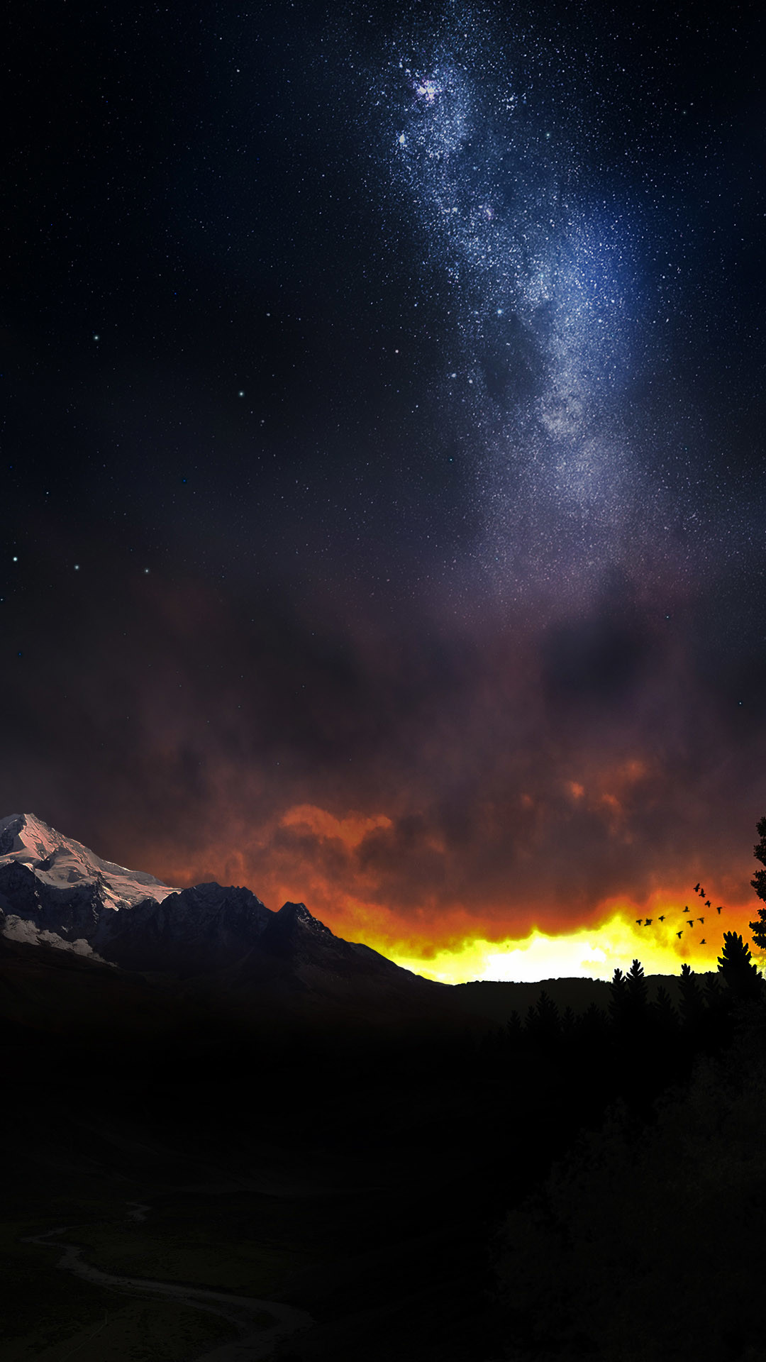 Via Lattea, Montagne, Tramonto, Cielo stellato, Notte, sfondo per iPhone e Android