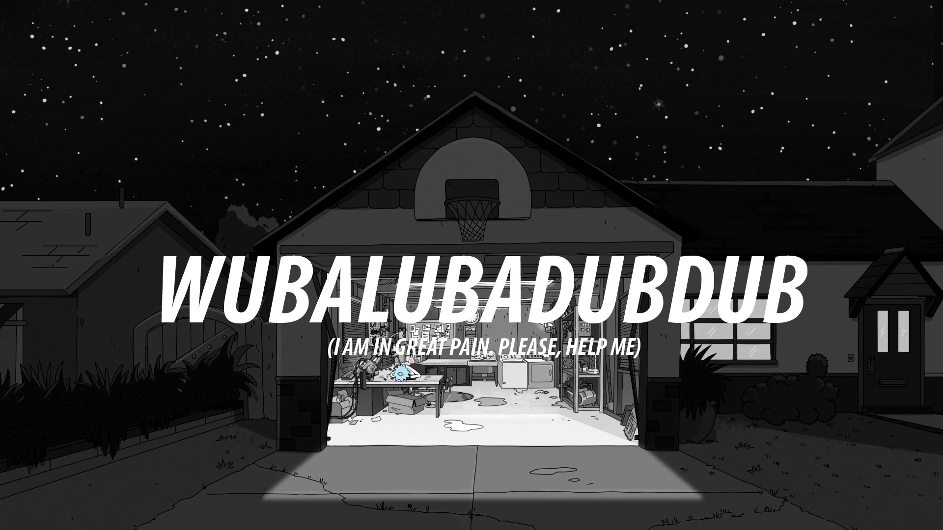 Rick and Morty, Wubba Lubba Dub Dub, Garage, Bianco e nero, 16:9 Full HD, sfondo widescreen