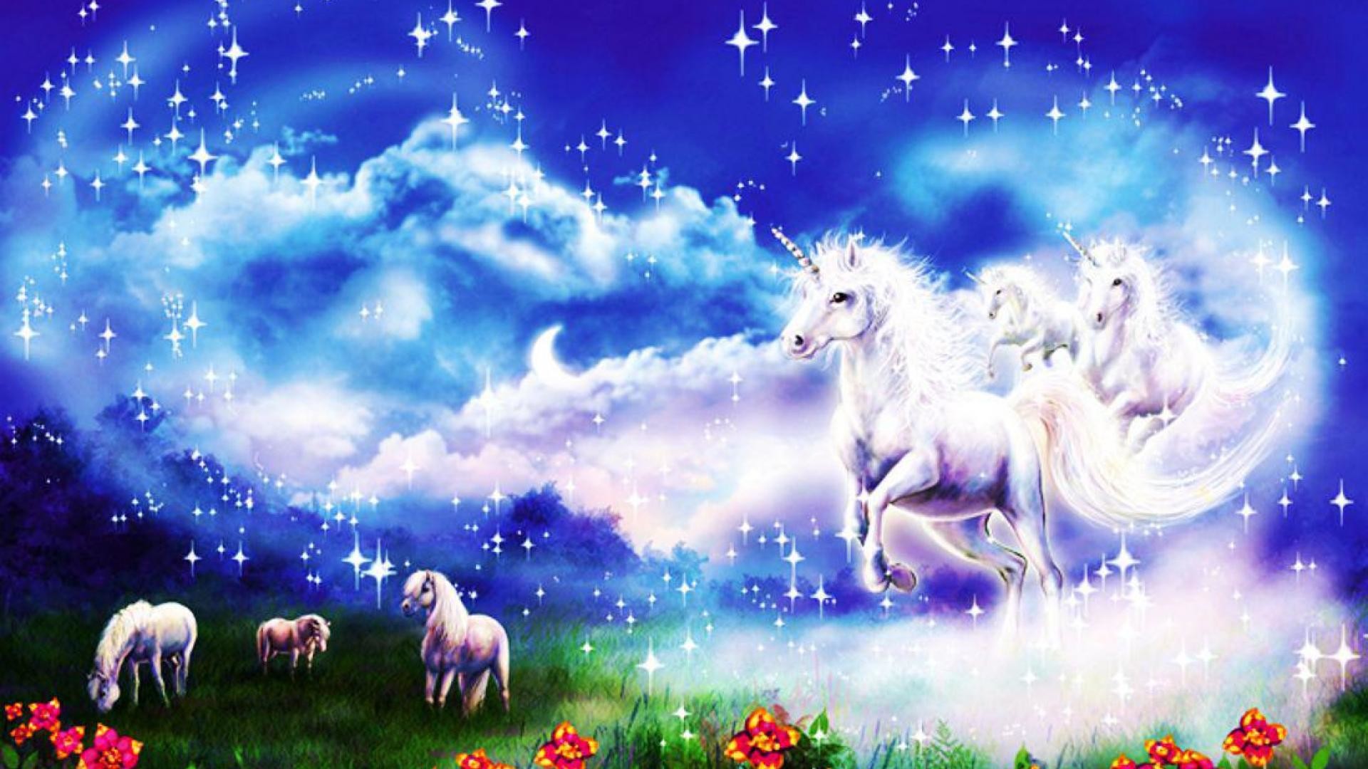 Unicorni, Fantasy, Nuvole, Stelle, Prato fiorito, Full HD, sfondo Windows 11