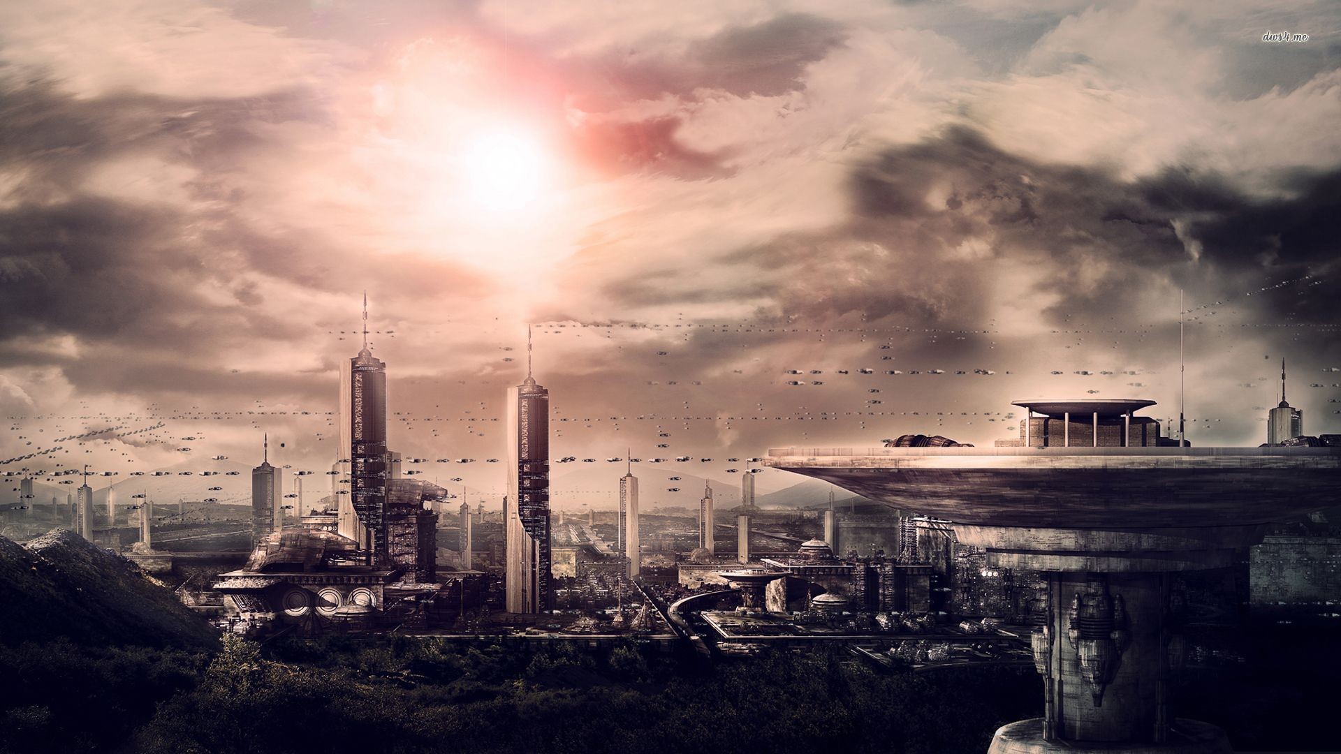 Città futuristica, Grattacieli, Nuvole, Fantascienza, Distopia, Full HD, wallpaper per PC