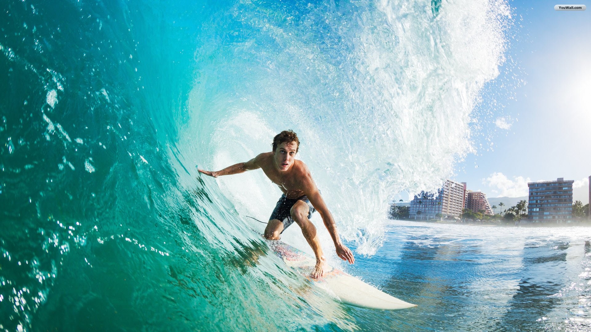 Surfista, Onda tubolare, Città, Turchese, 1920x1080, immagine di sfondo
