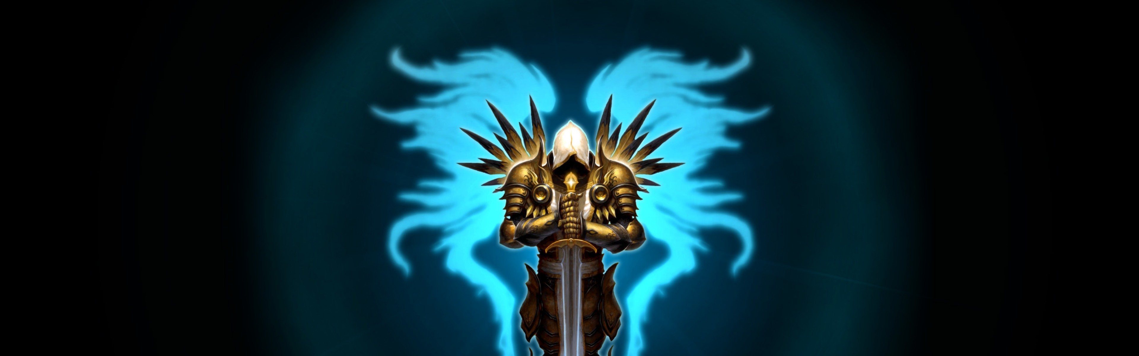 Tyrael, Diablo III, Ali blu, Spada, doppio schermo, sfondo Full HD