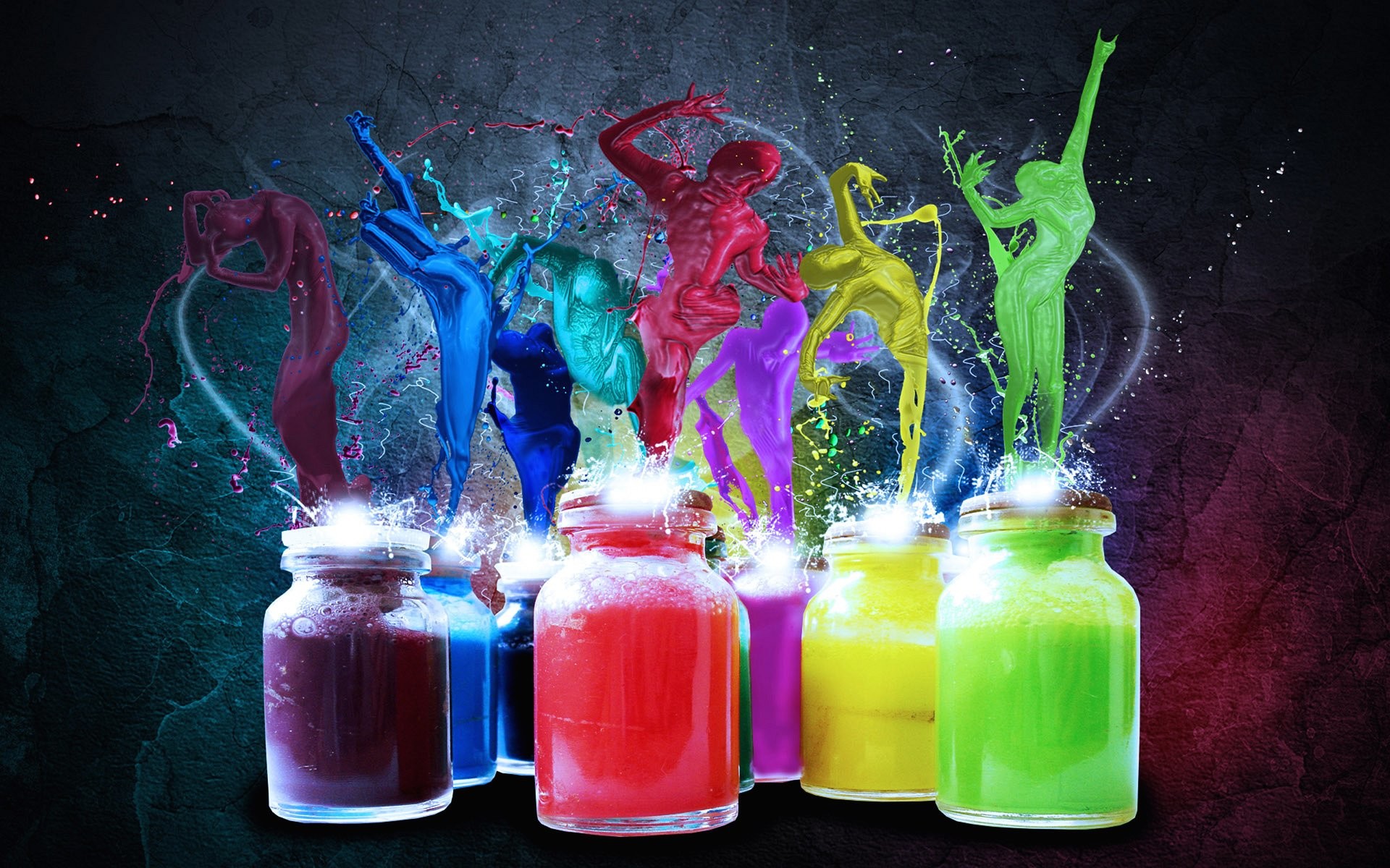 Barattoli di vernice, Schizzi di colore, Figure danzanti, Arte digitale, Colori vivaci, sfondo desktop