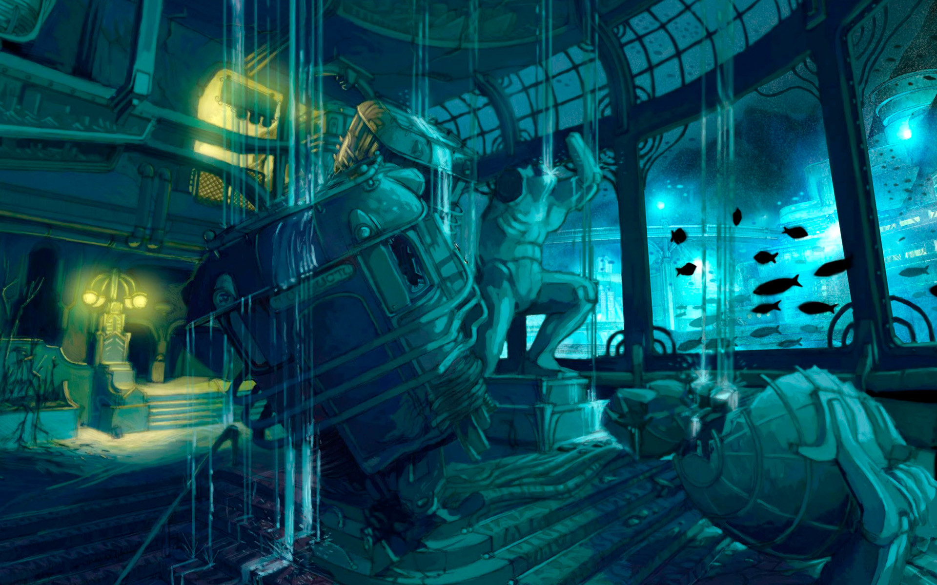 Big Daddy, Rapture, BioShock, Rovine, Pesci, 1920x1200, sfondo per PC