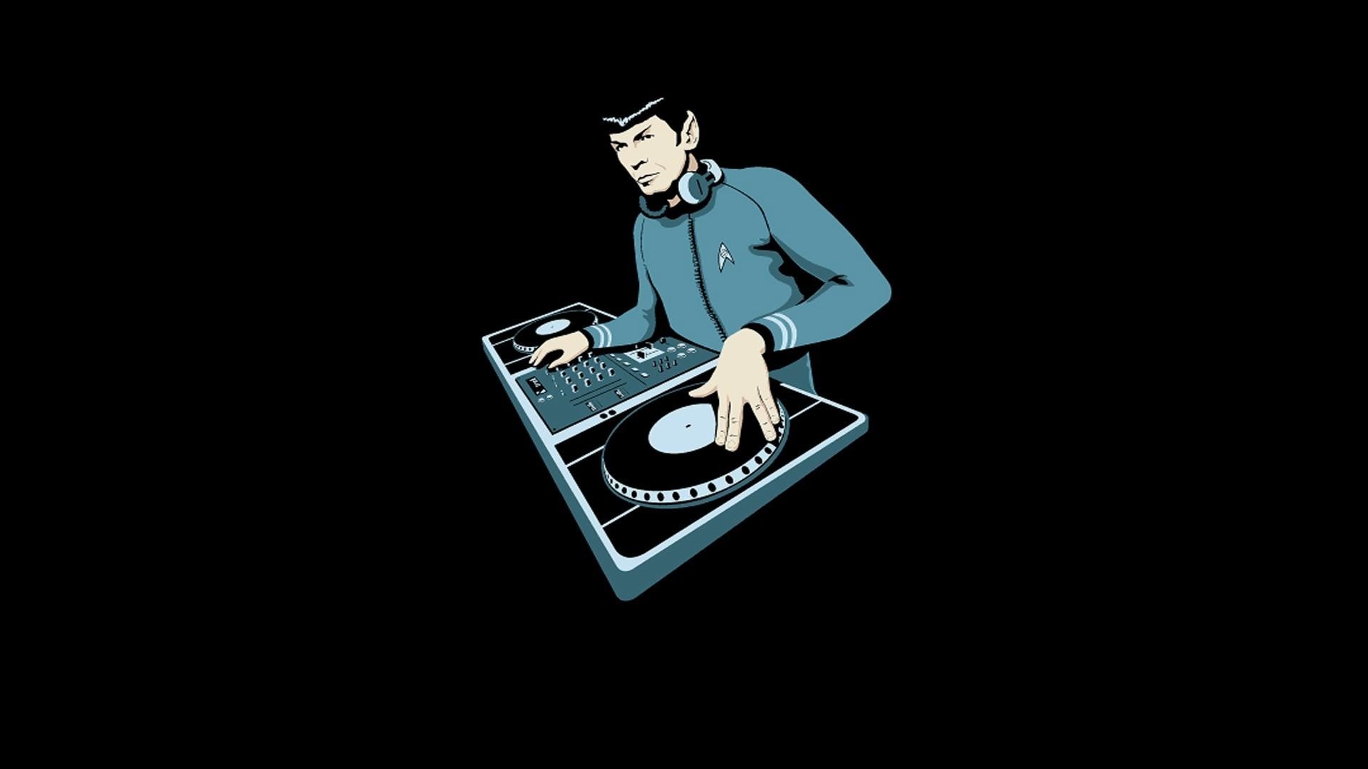 Spock, Star Trek, DJ, Giradischi, Illustrazione, Sfondo nero, Full HD, wallpaper per portatile