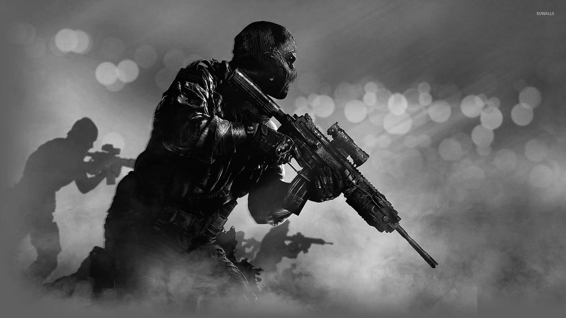 Call of Duty, Soldato, Fucile, Bokeh, Bianco e nero, 1920x1080, immagine di sfondo