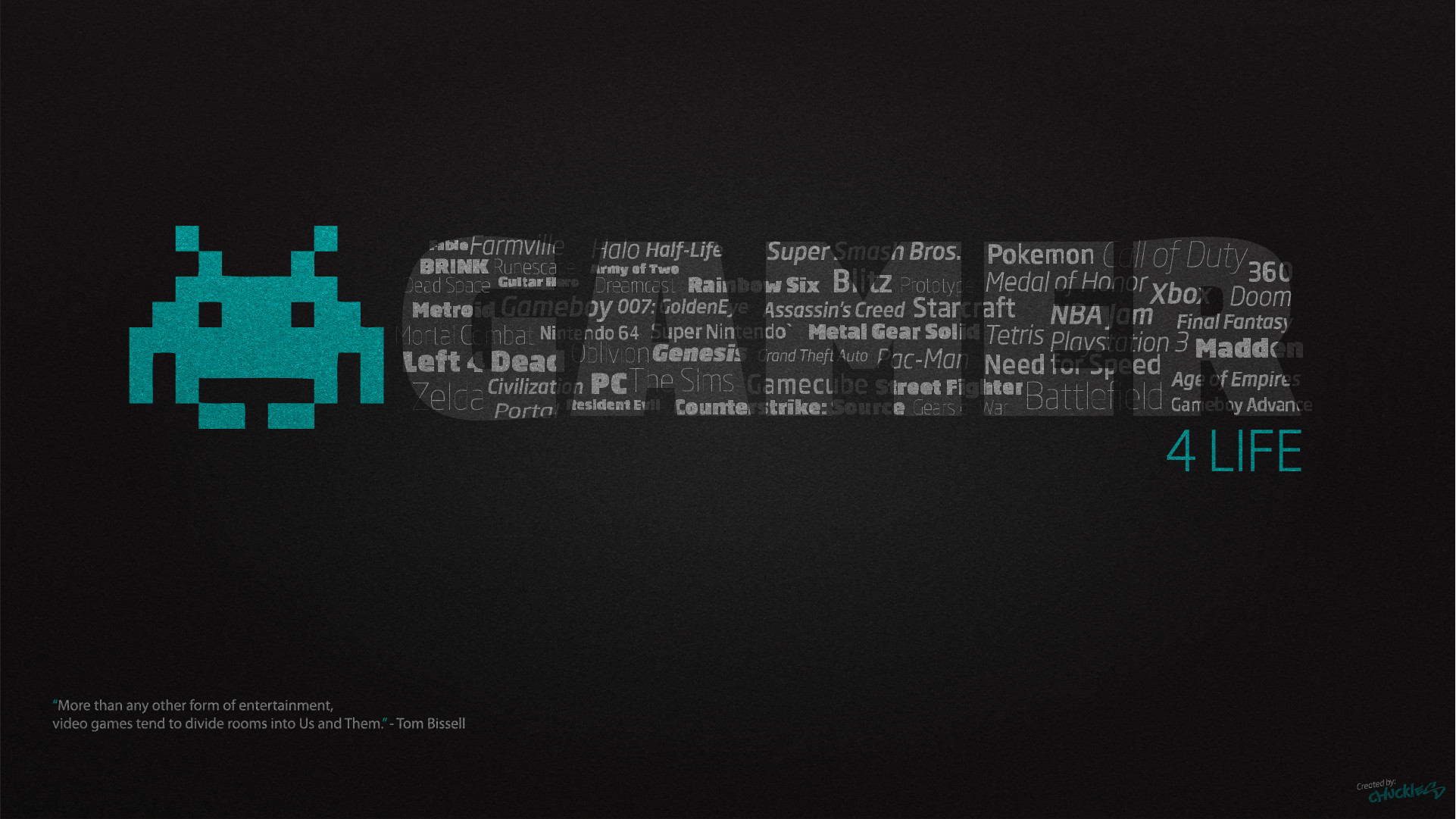 Space Invaders, Gamer 4 Life, Tipografia, Pixel art, Sfondo scuro, wallpaper desktop Full HD
