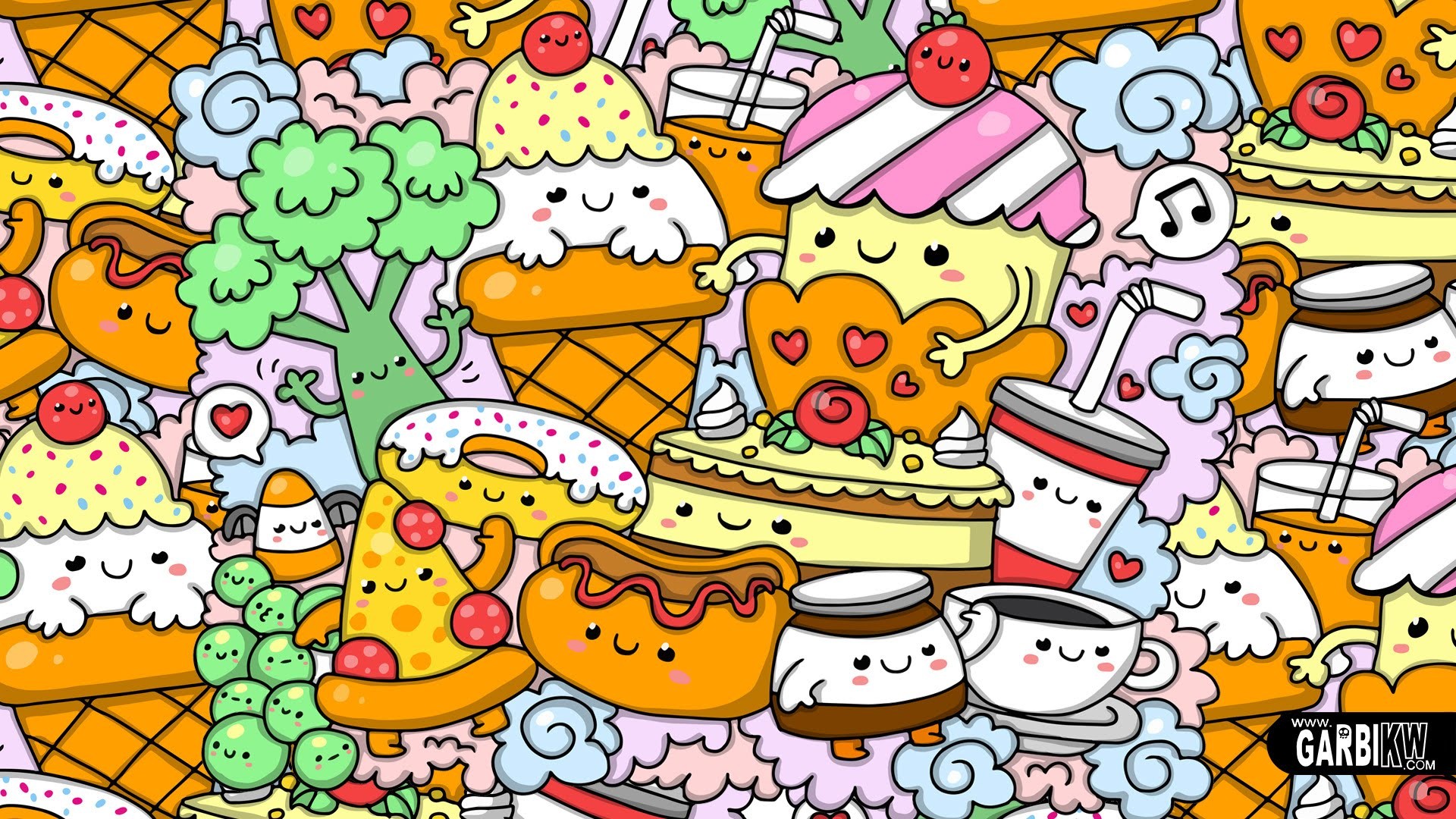 Garbi KW, Dolci kawaii, Torta, Broccoli, Doodle, Full HD, sfondo desktop