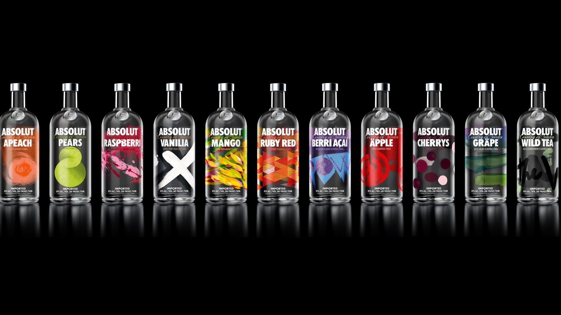 Absolut Vodka, Bottiglie, Gusti, Sfondo nero, 1920x1080, wallpaper desktop