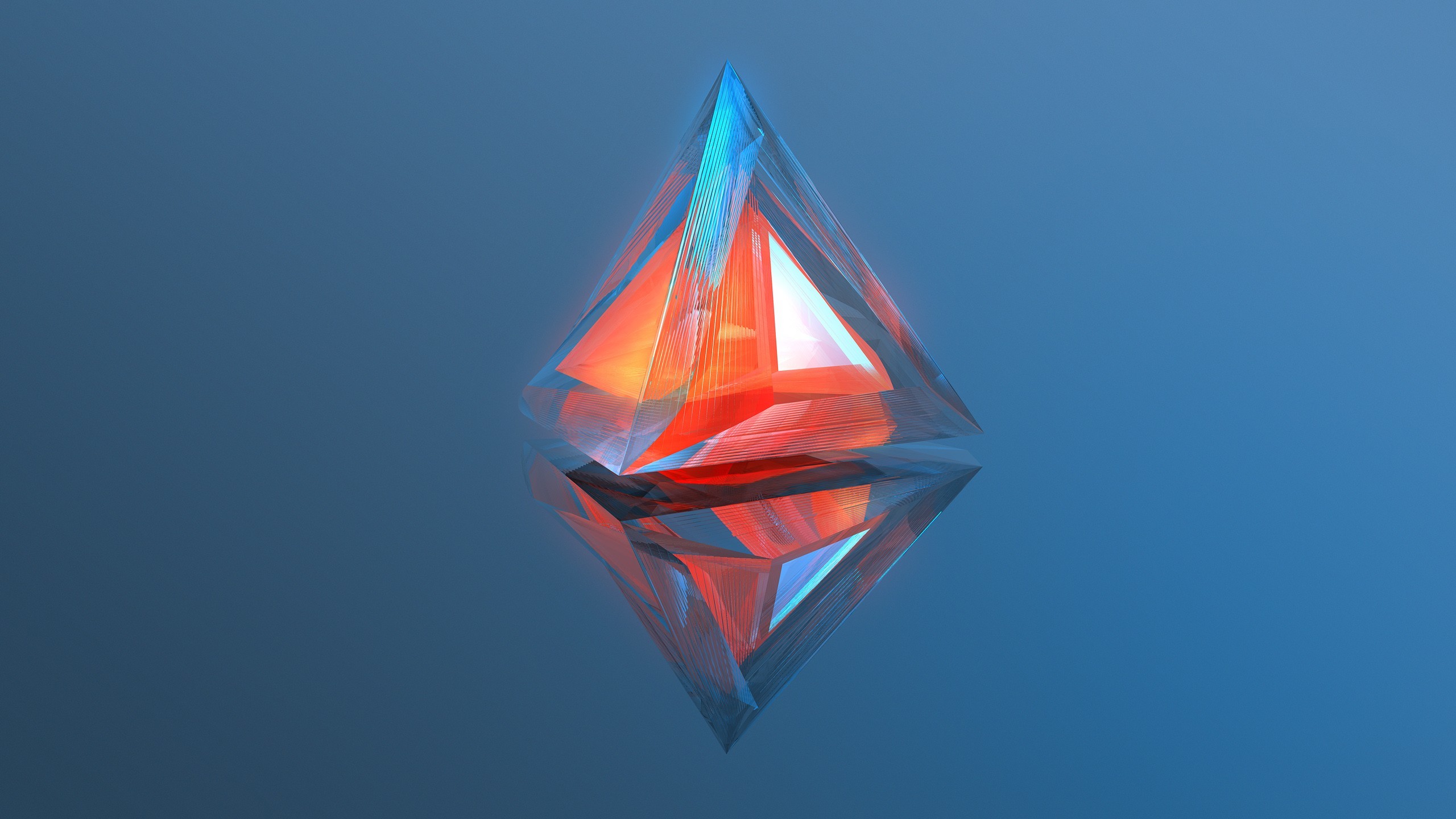 Cristallo, Piramide, Arte 3D, Sfondo blu, 2K, wallpaper desktop