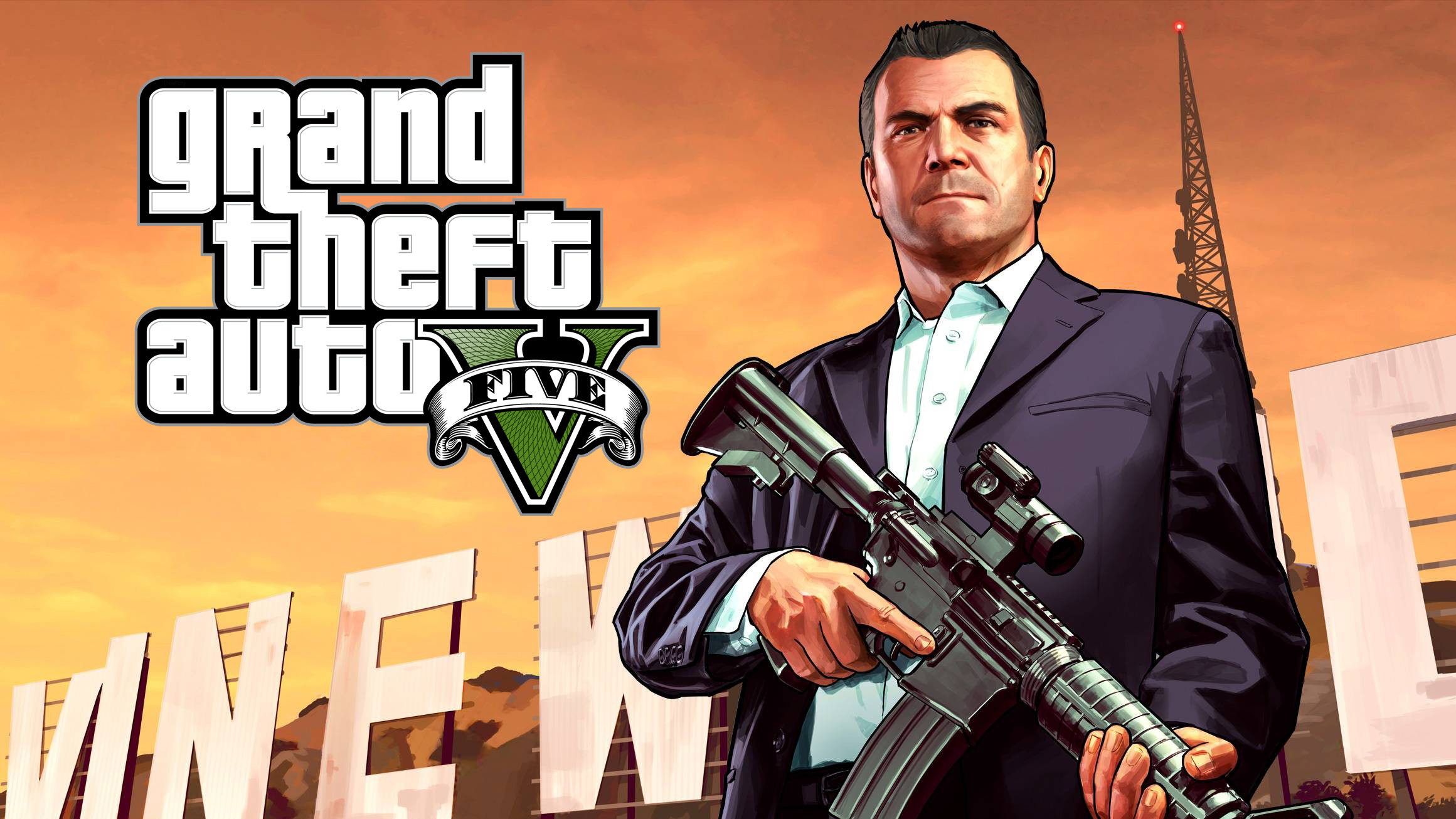 Michael De Santa, Insegna Vinewood, Grand Theft Auto V, Fucile, Tramonto, sfondo widescreen Full HD