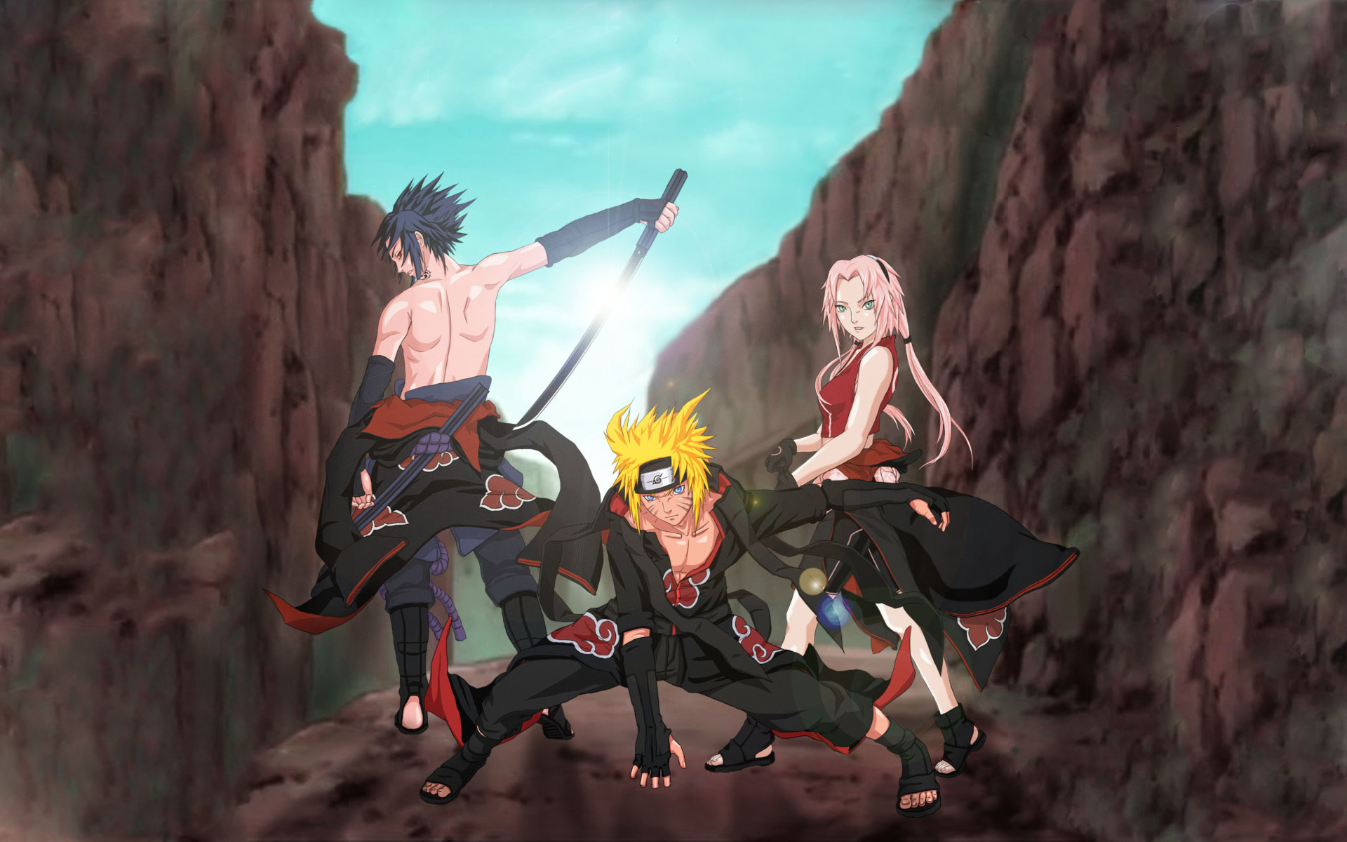 Sasuke Uchiha, Naruto Uzumaki, Sakura Haruno, Naruto Shippuden, Combattimento, wallpaper desktop