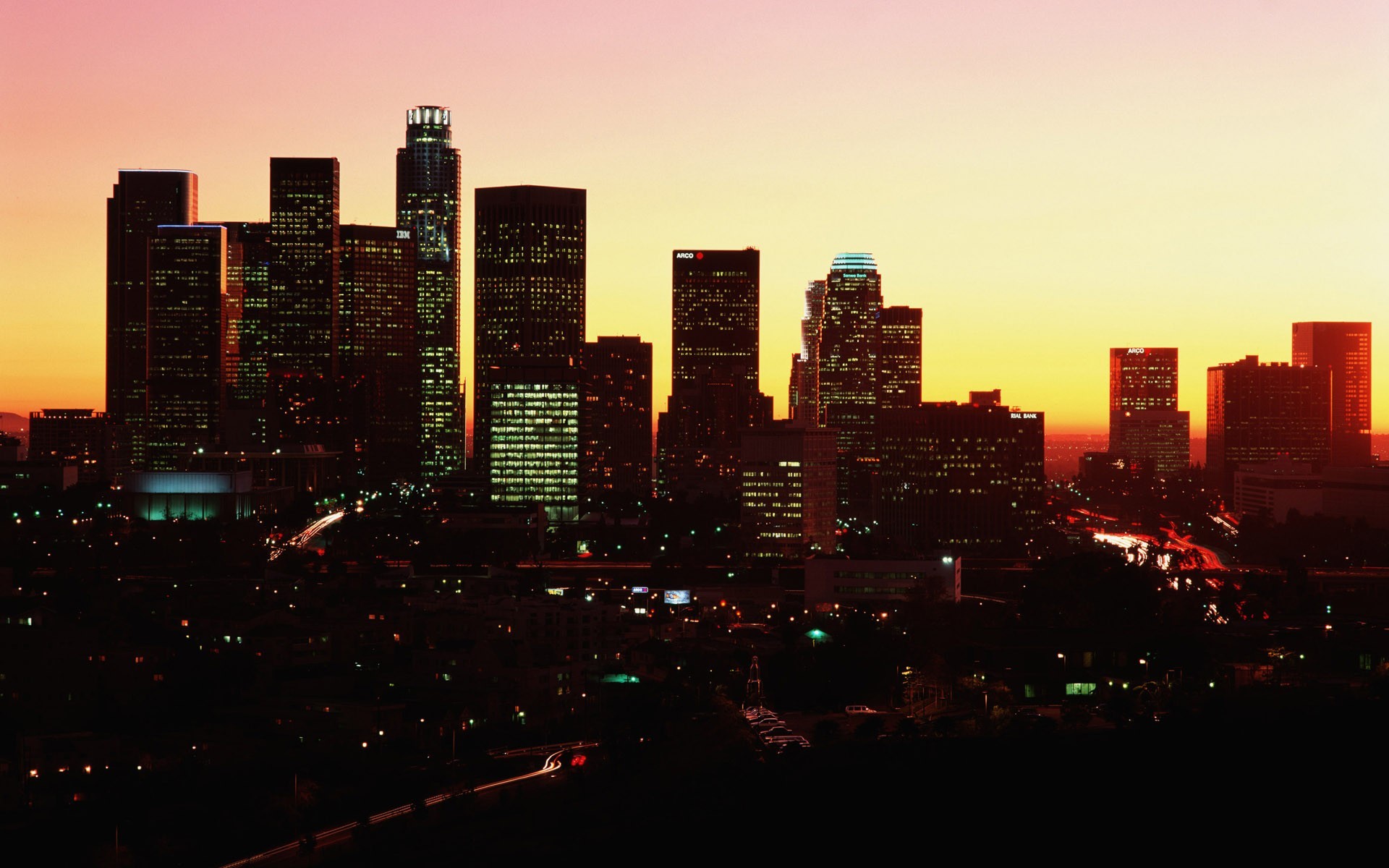 Downtown Los Angeles, Skyline, Tramonto, Silhouette, 1920x1200, immagine di sfondo