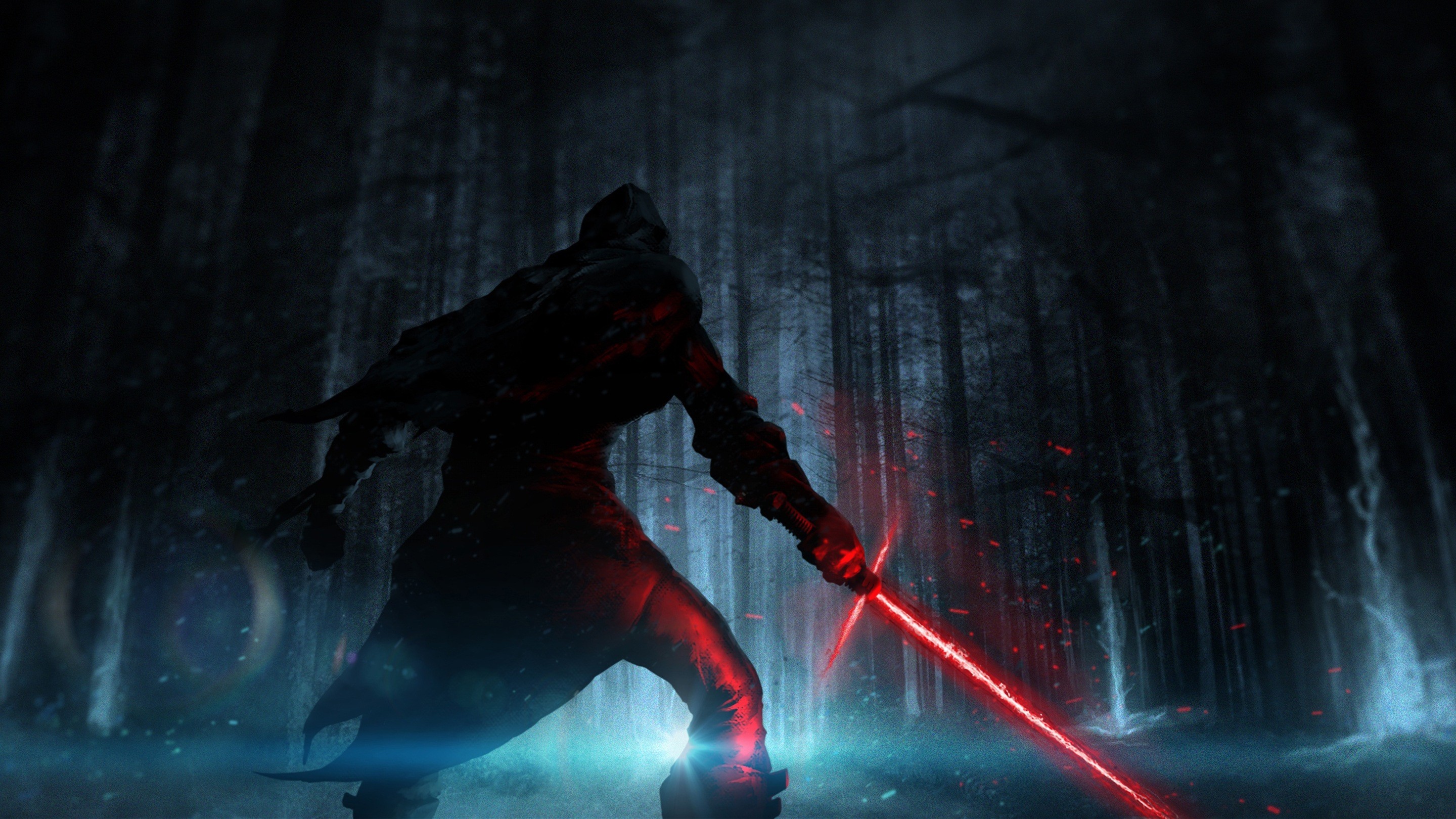 Kylo Ren, Star Wars, Foresta, Notte, Spada laser, 16:9 2K, wallpaper widescreen