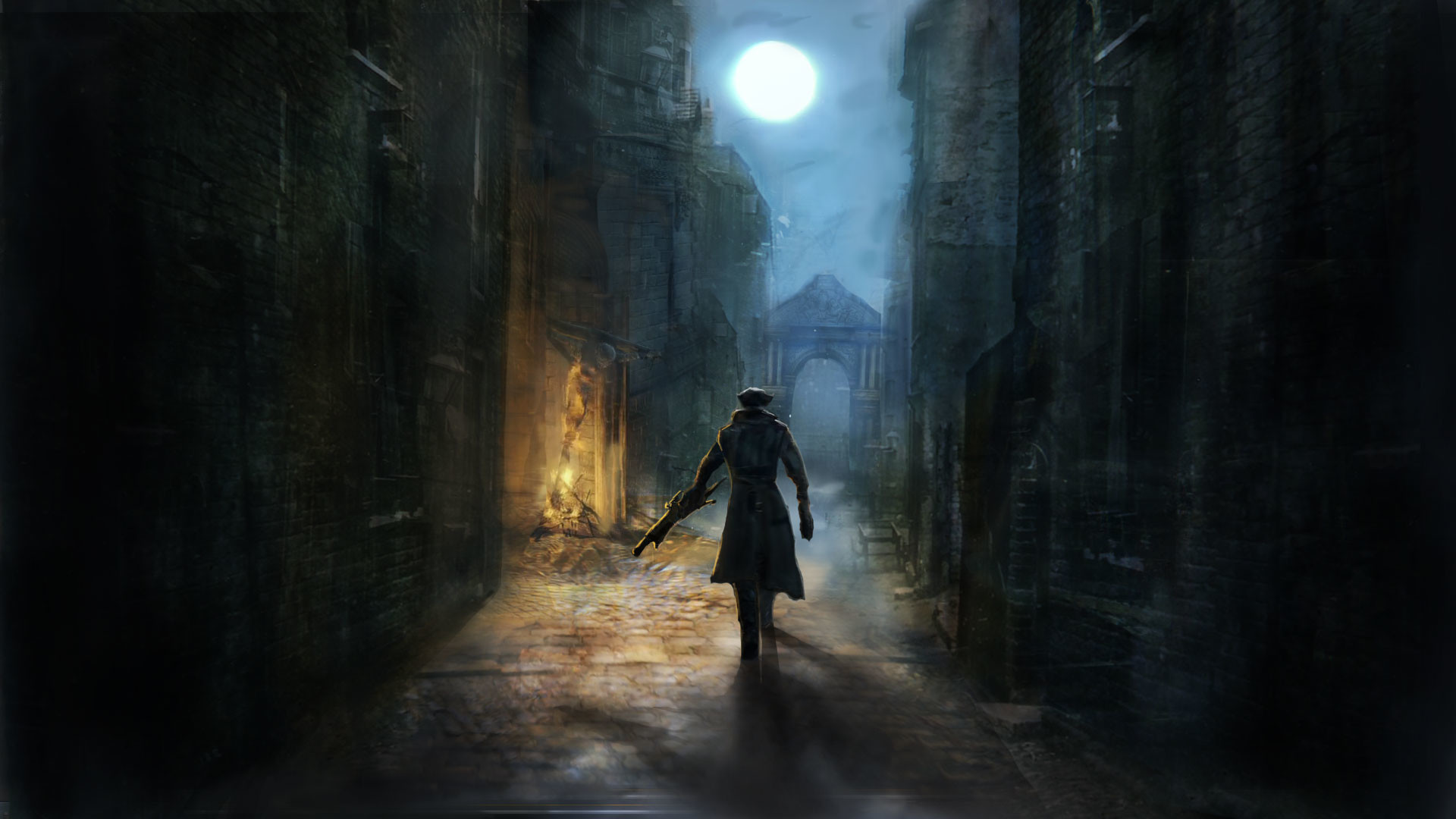 Bloodborne, Vicolo, Luna piena, Cacciatore, Full HD, wallpaper per computer