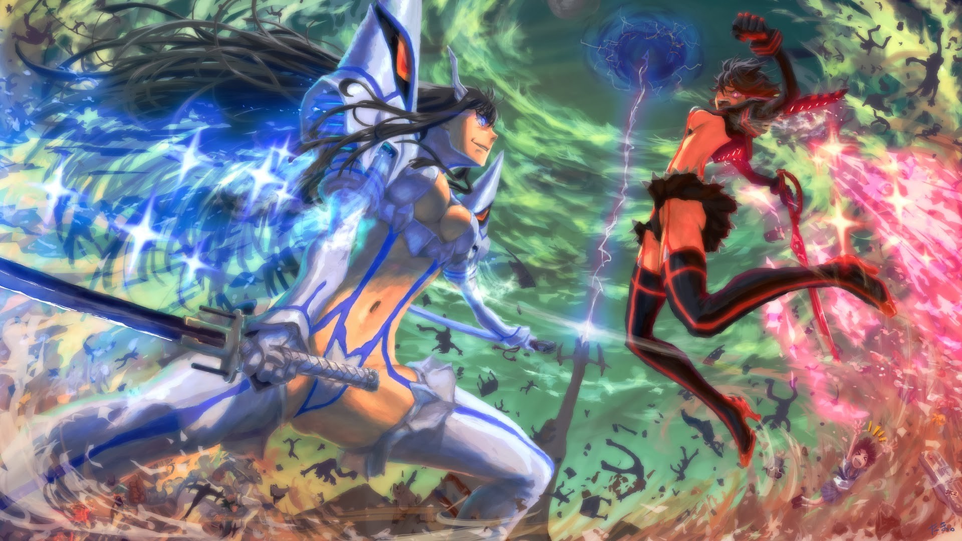 Satsuki Kiryuin, Ryuko Matoi, Kill la Kill, Combattimento, Colori vivaci, sfondo widescreen Full HD