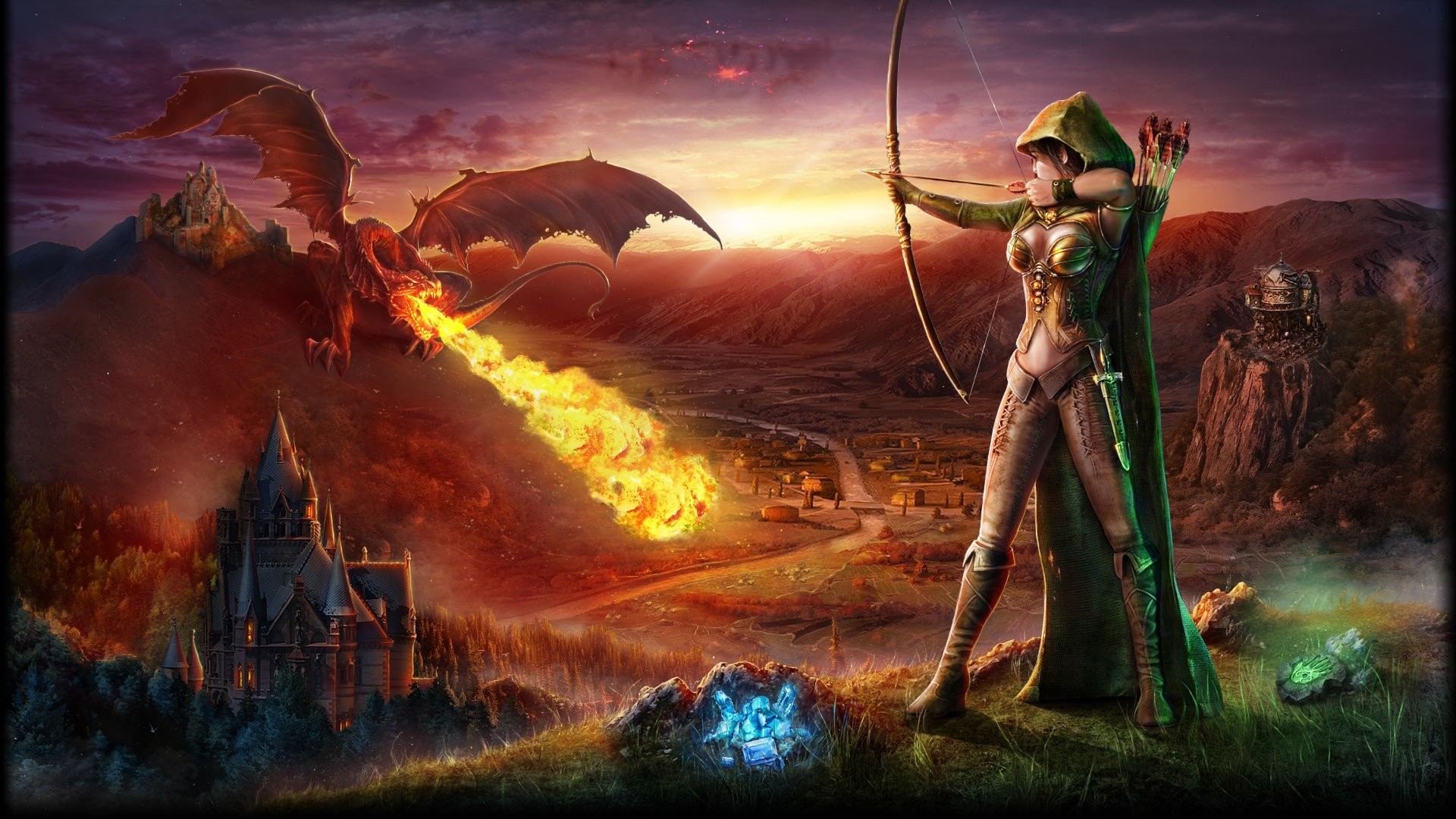 Arciera, Drago, Fantasy, Fuoco, Castello, Full HD, sfondo per PC e portatile
