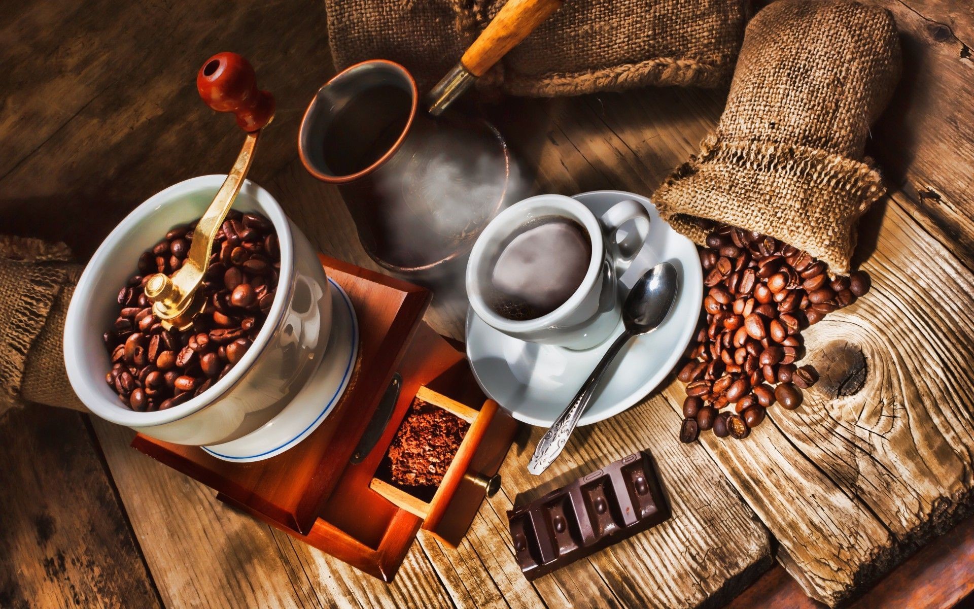 Macinacaffè, Cezve, Tazza di caffè, Cioccolato, Chicchi di caffè, sfondo desktop 1920x1200