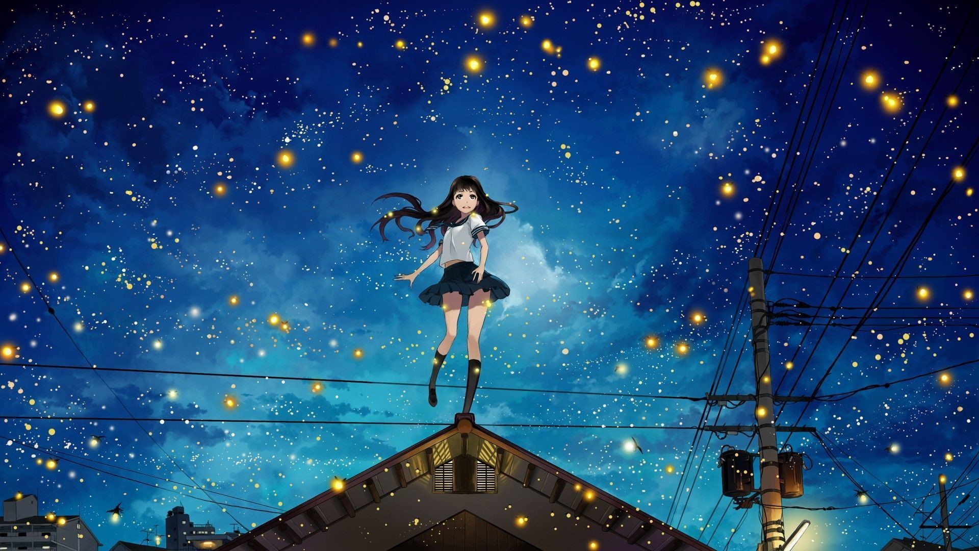 Anime, Ragazza, Cielo stellato, Lucciole, Tetto, Full HD, sfondo desktop